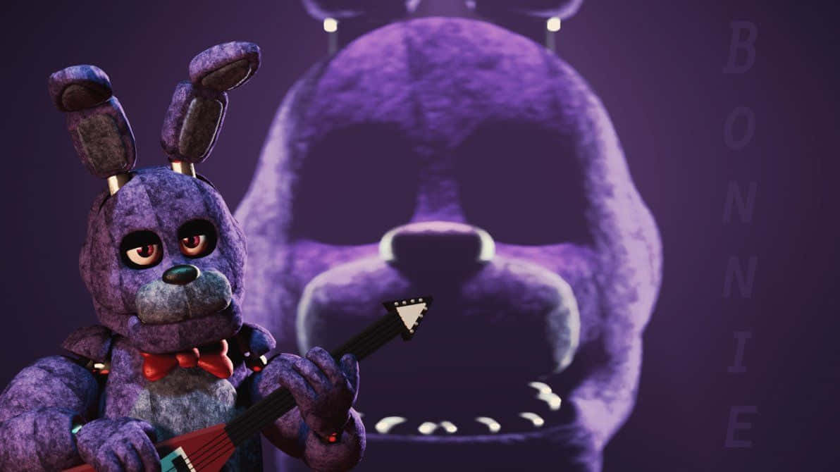 Bonnie The Bunny 桌布 壁紙 — 一隻紫色電子兔彈結他，背後在昏暗紫色燈光下有一個巨大的威脅性兔頭若隱若現。