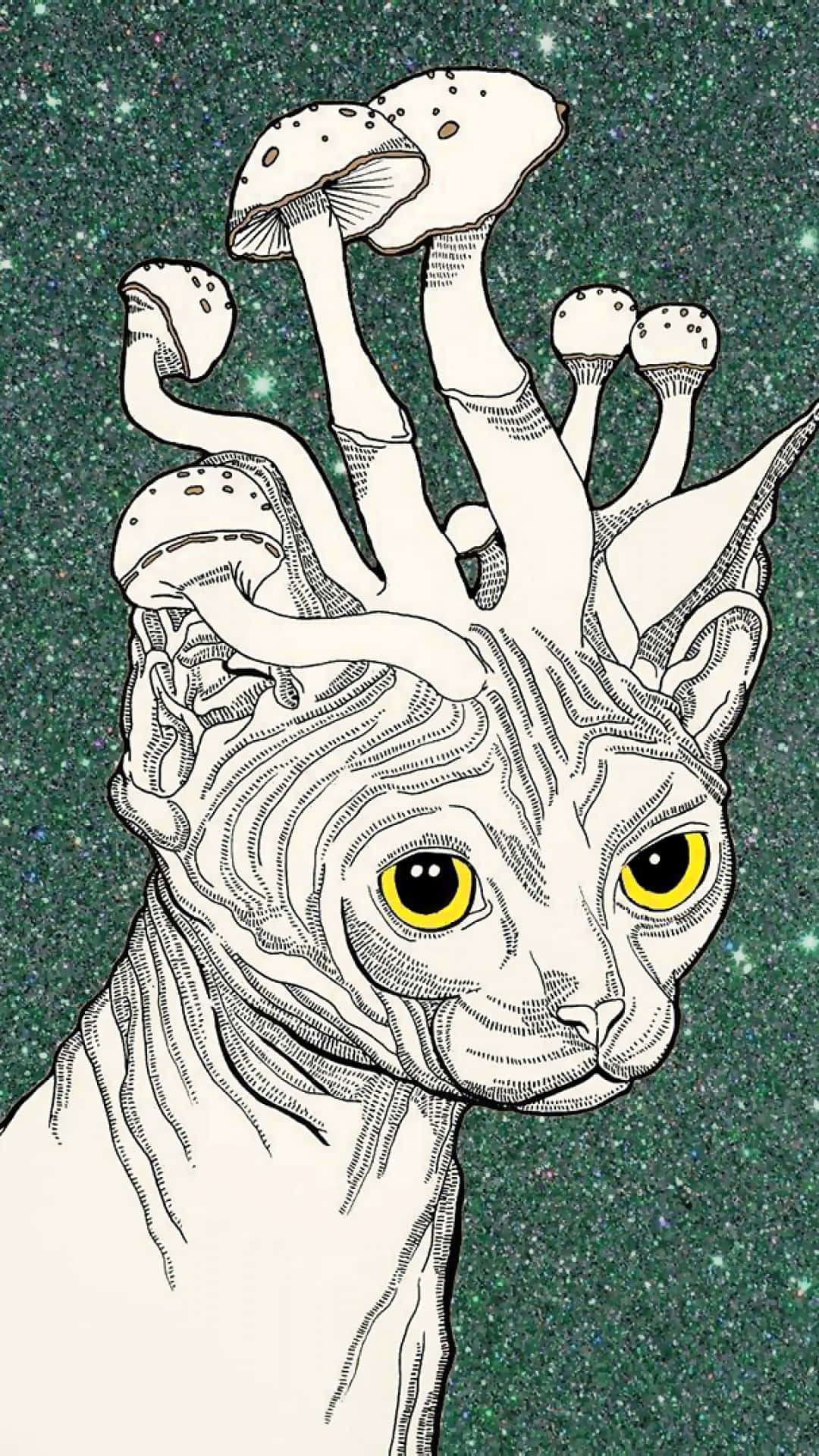 Trippy Mushroom 桌布 壁紙 — 一隻細節豐富的線條藝術斯芬克斯貓，擁有發光的黃色眼睛，頭頂長出蘑菇，背景是星光點點的綠色宇宙。