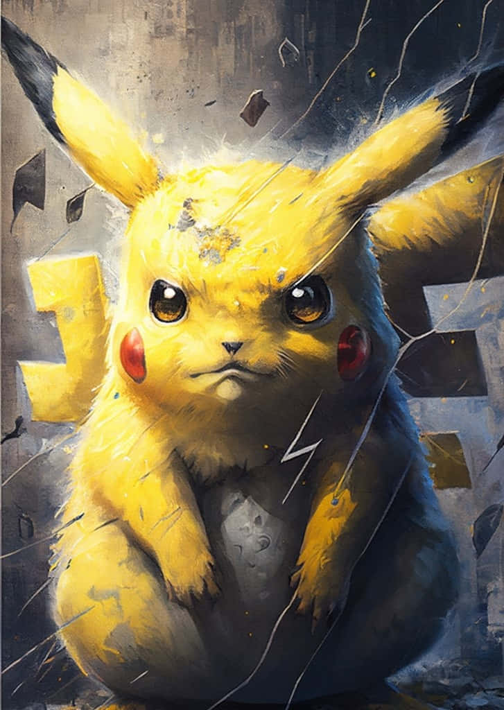 Pokemon Posters 桌布 壁紙 — 一隻經歷戰鬥的比卡超，帶有裂紋玻璃效果和閃電，在破碎的混凝土背景下挑釁地站立。