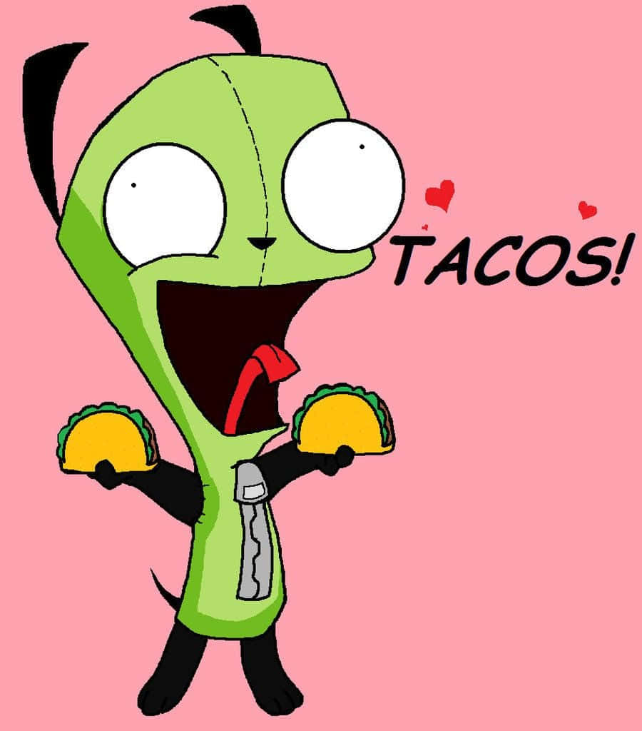 Invader Zim 桌布 壁紙 — 一隻綠色卡通狗，帶有縫合線，愉快地拿著兩個墨西哥卷餅，對著粉紅色背景大喊「TACOS！」。