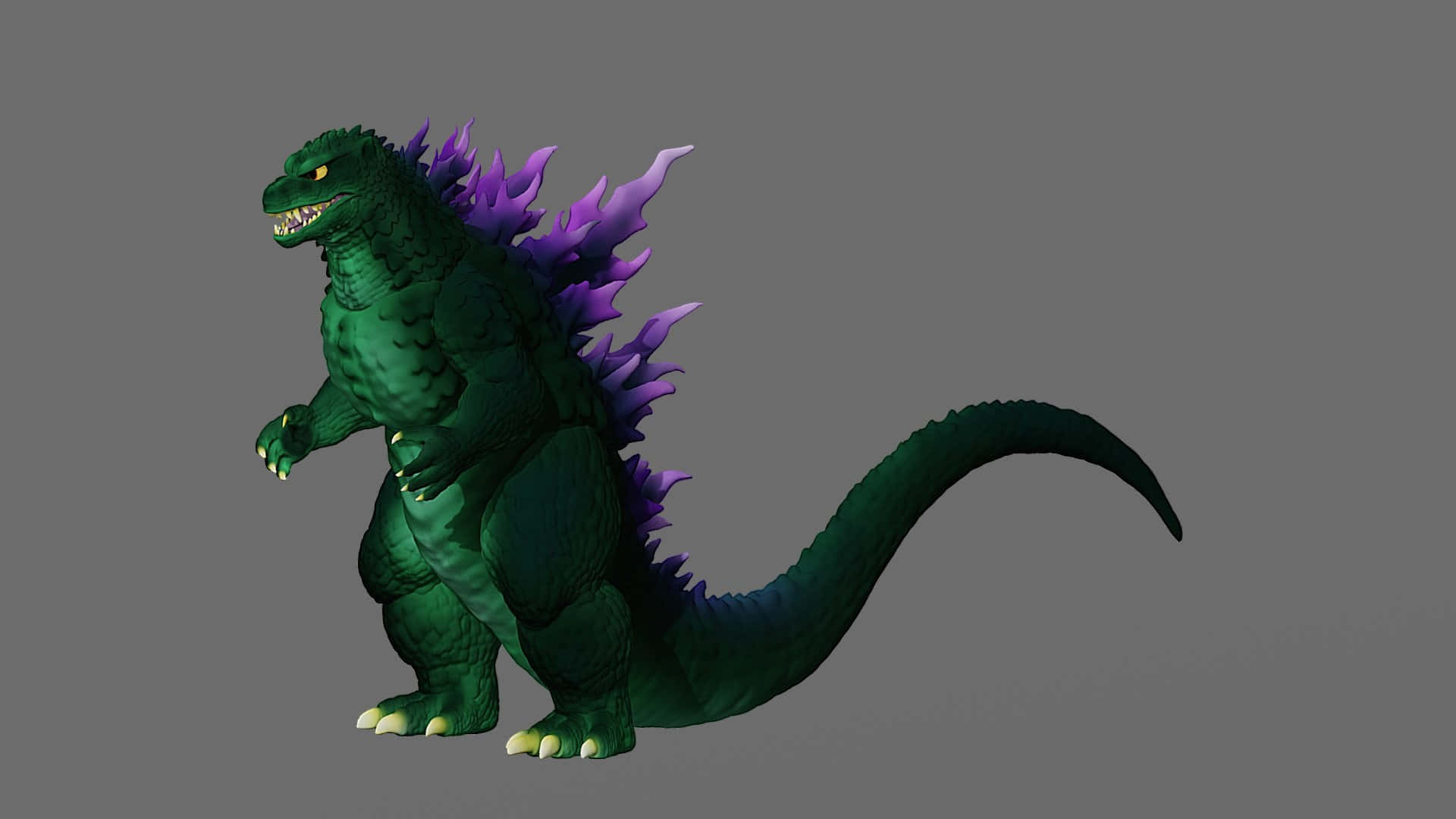 Godzilla 2000 桌布 壁紙 — 一隻綠色哥斯拉，擁有發光的黃色眼睛和紫色背鰭，站在純灰色背景前。