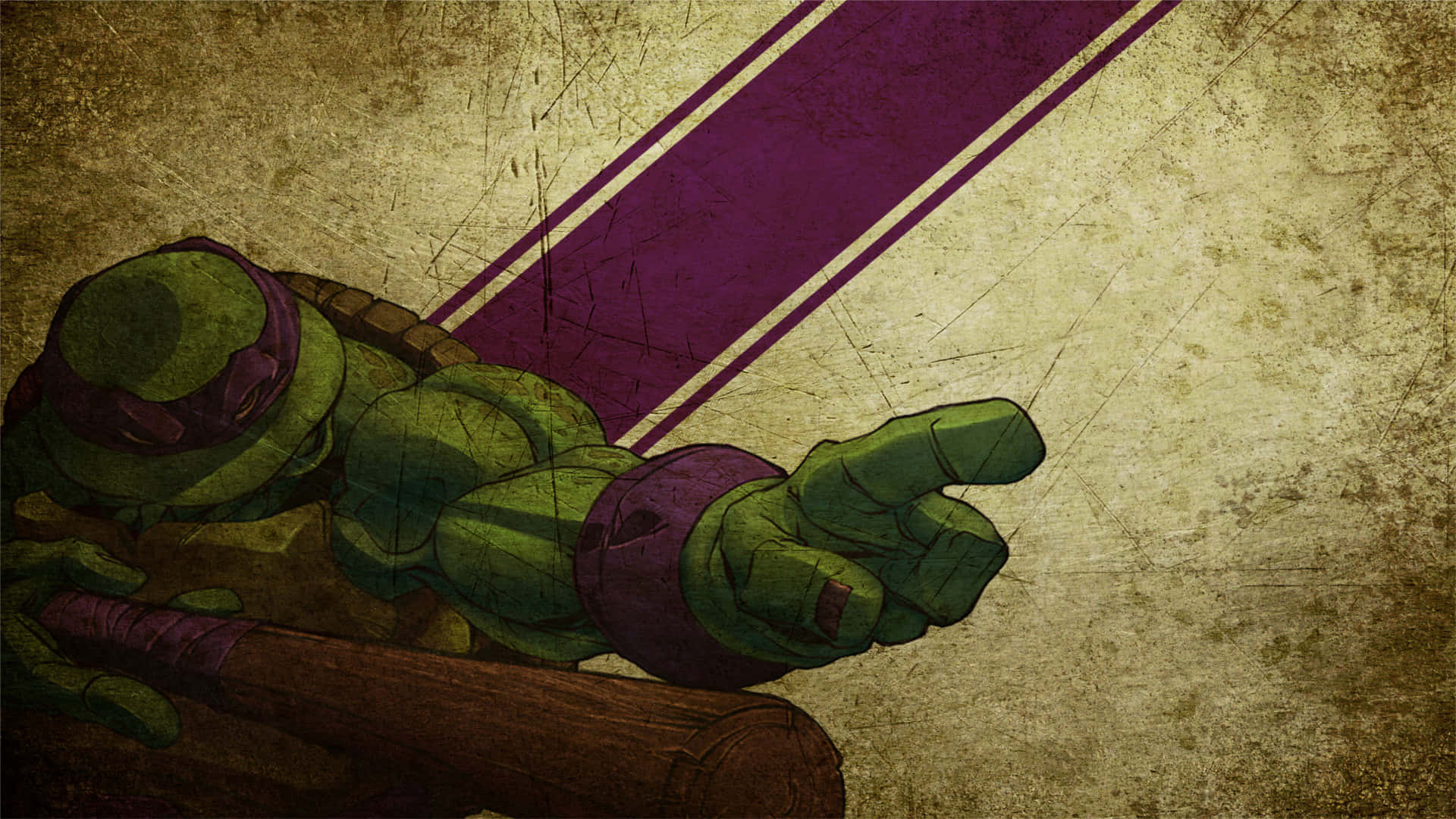 tmnt 桌布 壁紙 — 一隻綠色忍者龜戴著紫色頭巾，手持長棍，在帶有粗糙紋理和紫色斜紋的背景前指向前方。