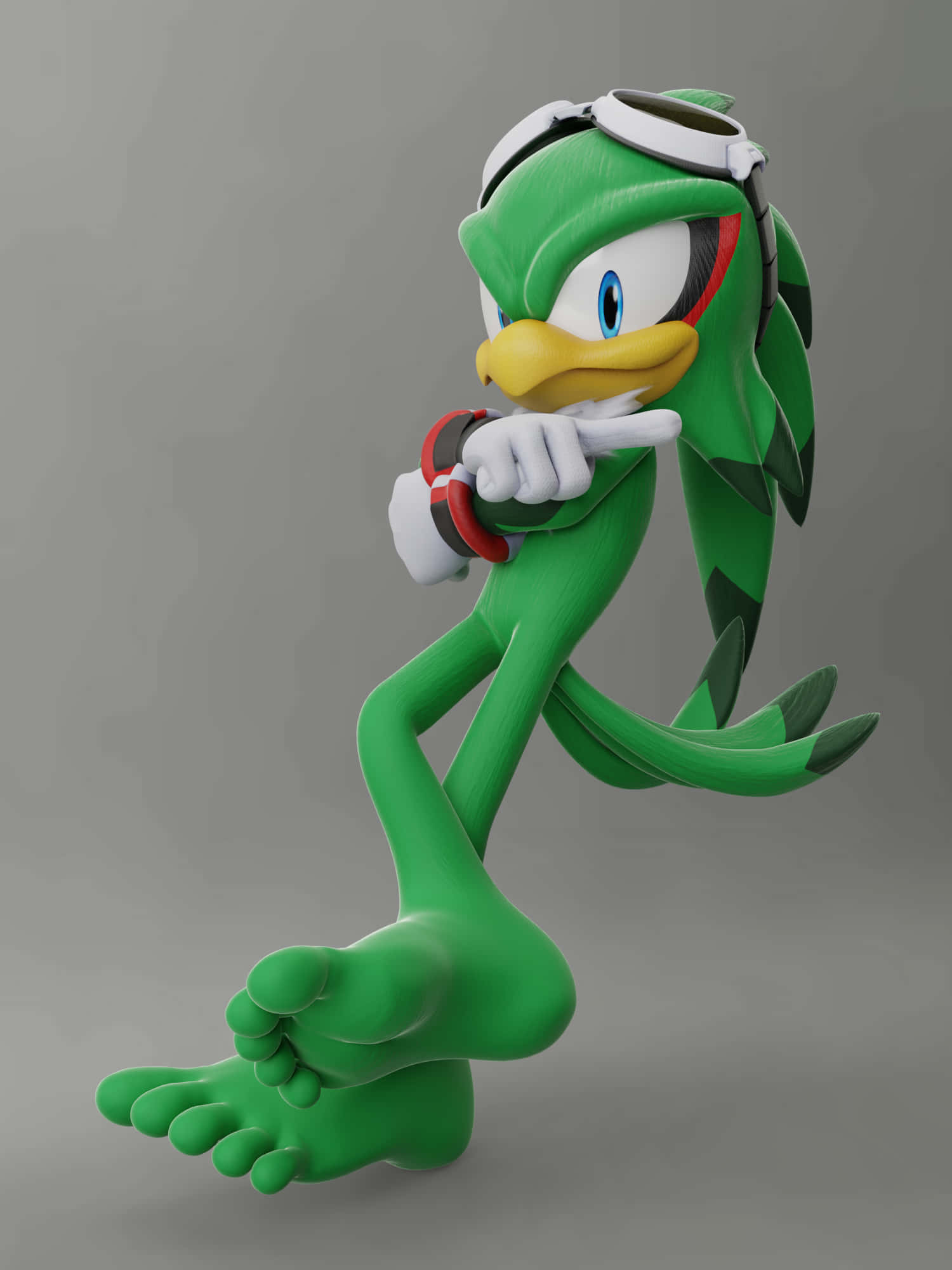 Jet The Hawk 桌布 壁紙 — 一隻綠色擬人化鳥類，戴著護目鏡和紅色腕帶，在純灰色背景前擺出自信姿勢。
