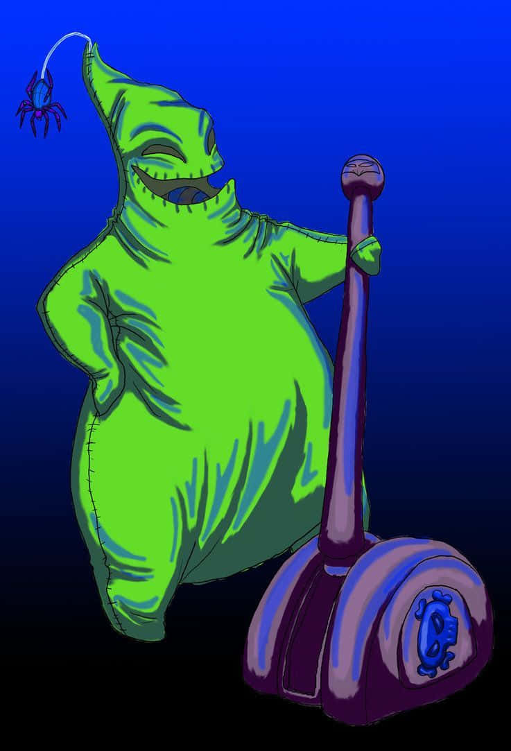 Oogie Boogie 壁紙 — 一隻綠色縫製的怪物，帽子上有蜘蛛，站在紫色懸浮滑板旁邊，背景是深藍色。