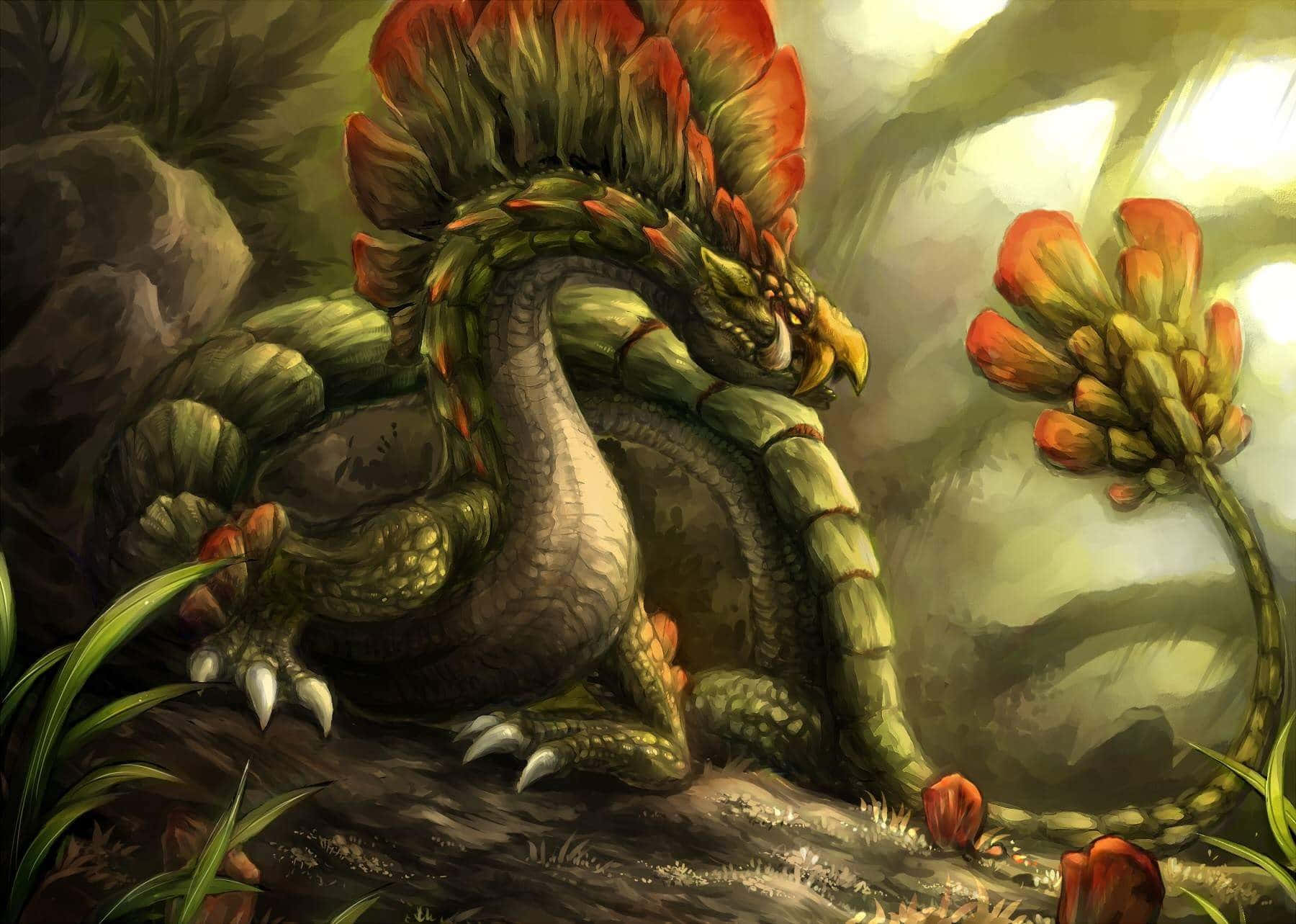 Monster Hunter Monsters 桌布 壁紙 — 一隻綠色裝甲龍，帶有紅色尖刺，在霧氣瀰漫的森林空地中，在發光的橙色花朵旁休息。