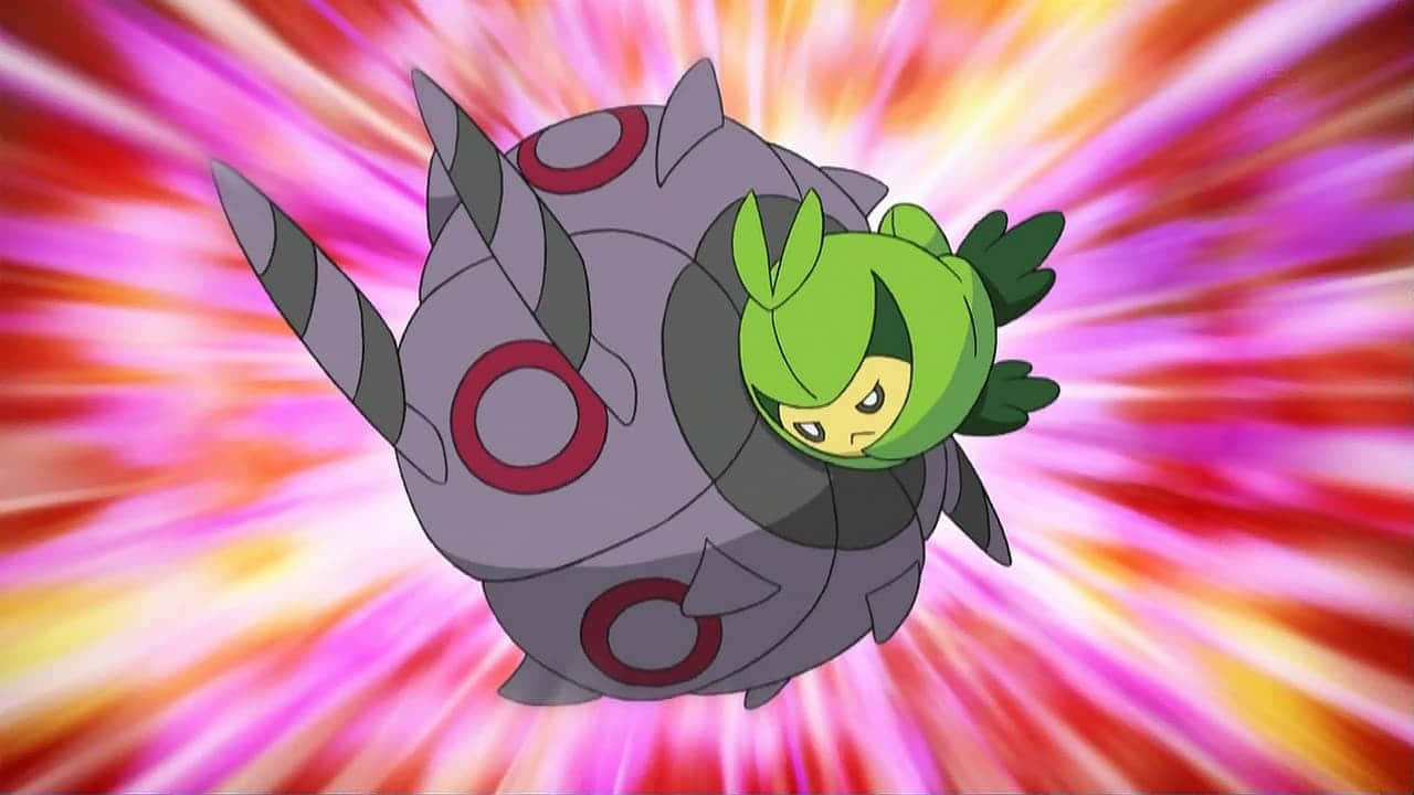 遊戲 桌布 壁紙 — 一隻綠色頭部、灰色裝甲殼的寶可夢，在粉紅、橙色和黃色光芒的鮮豔放射狀爆發中向前衝刺。