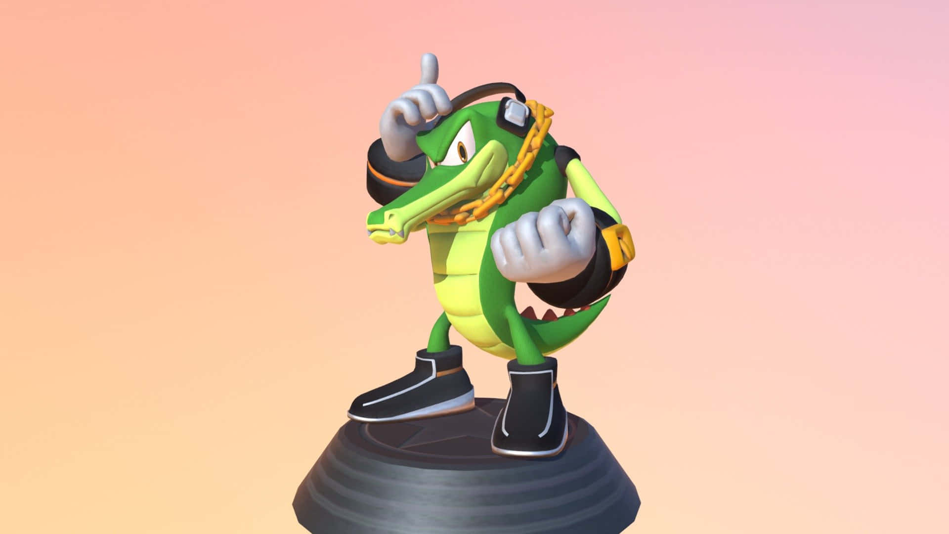 Vector The Crocodile 桌布 壁紙 — 一隻綠色鱷魚角色，自信地舉起一根手指，脖子上戴著金鏈，背景是柔和的漸變色。
