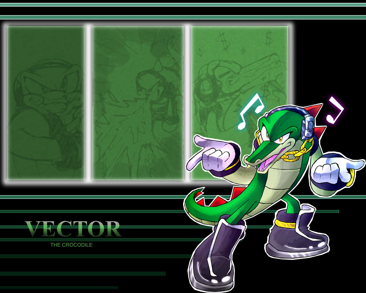 Vector The Crocodile 桌布 壁紙 — 一隻綠色鱷魚角色以嘻哈姿勢，戴著耳機和音符，背景為深色帶綠色面板。