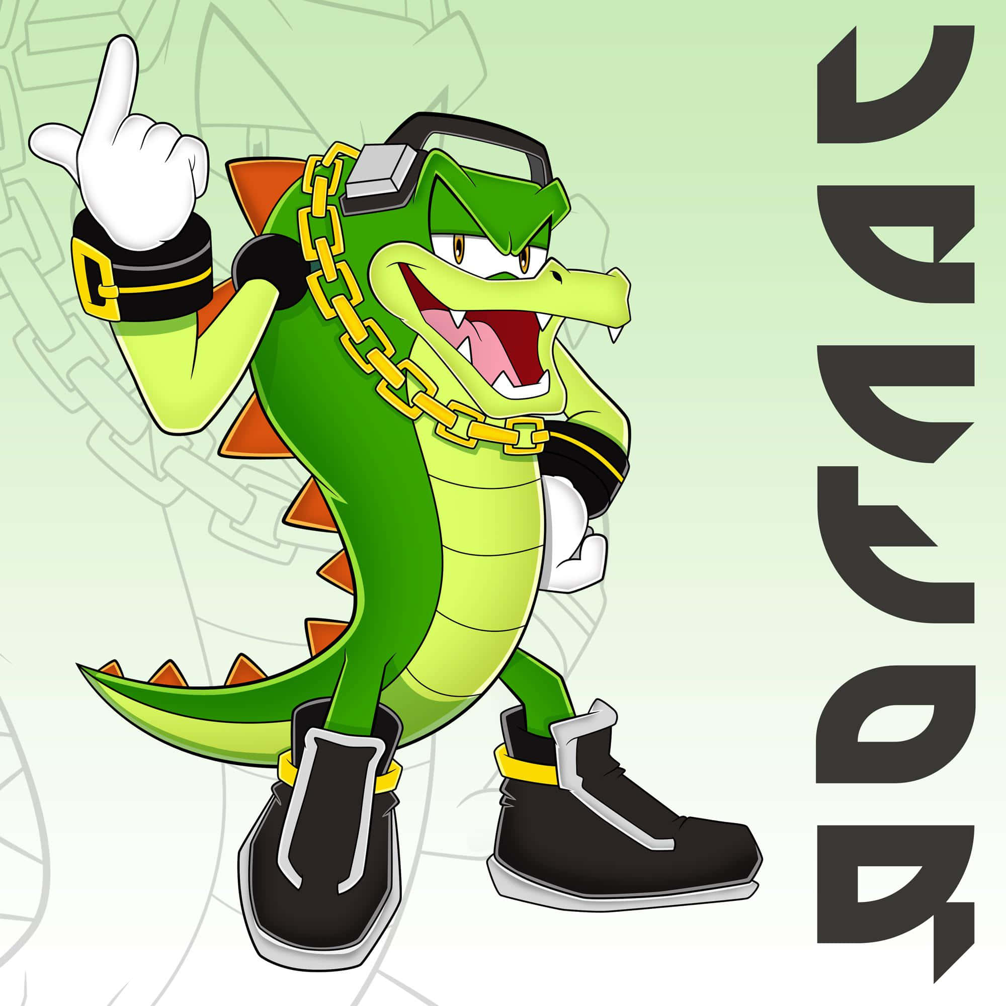 Vector The Crocodile 桌布 壁紙 — 一隻綠色鱷魚角色以嘻哈姿勢，戴著金鏈和耳機，背景為淺綠色。