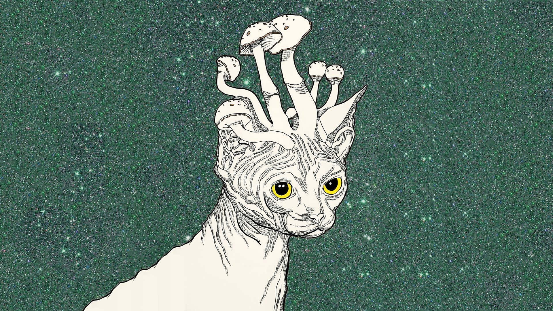 Trippy Mushroom 桌布 壁紙 — 一隻線條藝術的斯芬克斯貓，頭上有蘑菇狀的增生，凝視著閃閃發光的青綠色星空。