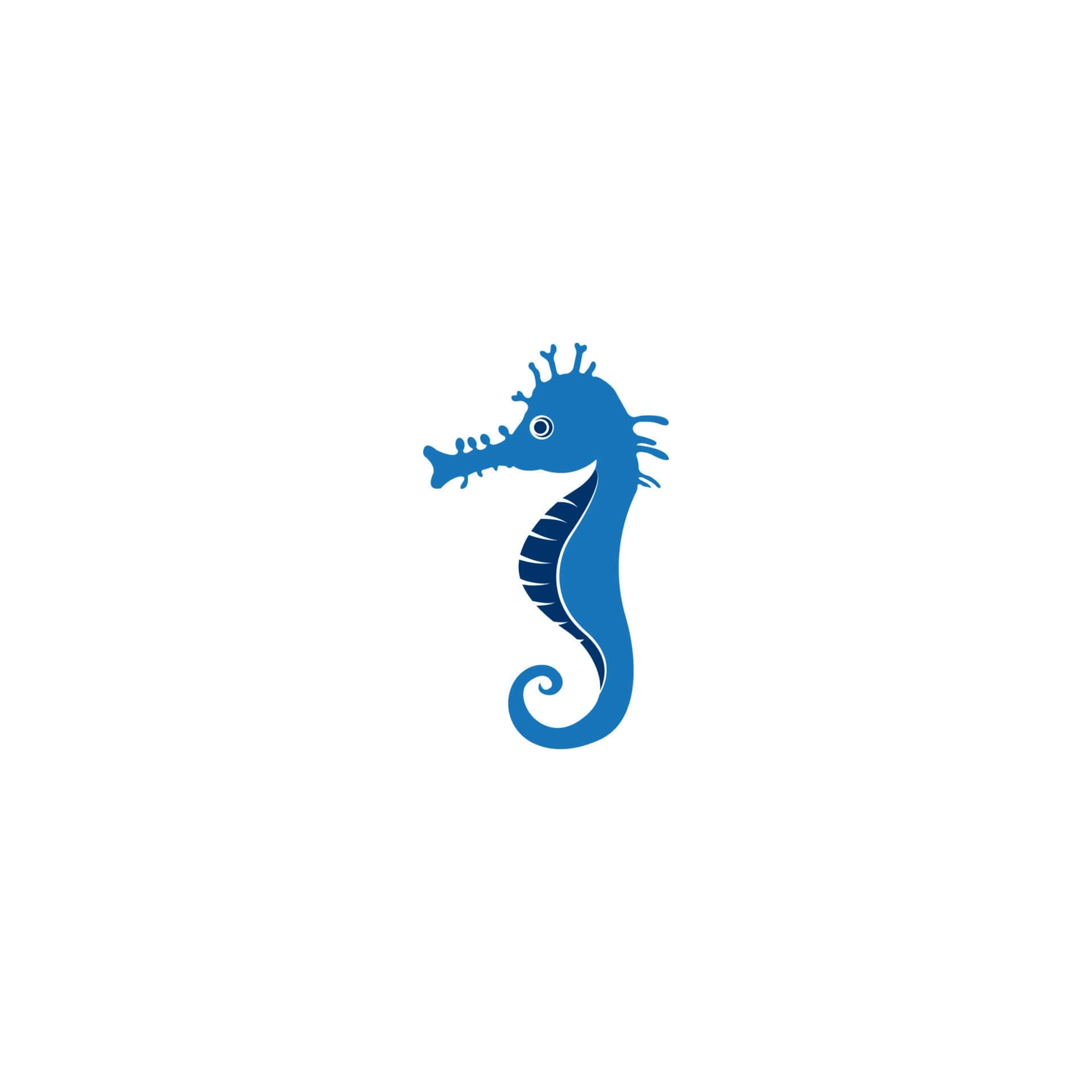 一隻美麗的海洋海馬 壁紙 — 一個風格化的藍色海馬剪影，帶有詳細的鰭和捲曲的尾巴，背景為純白色。