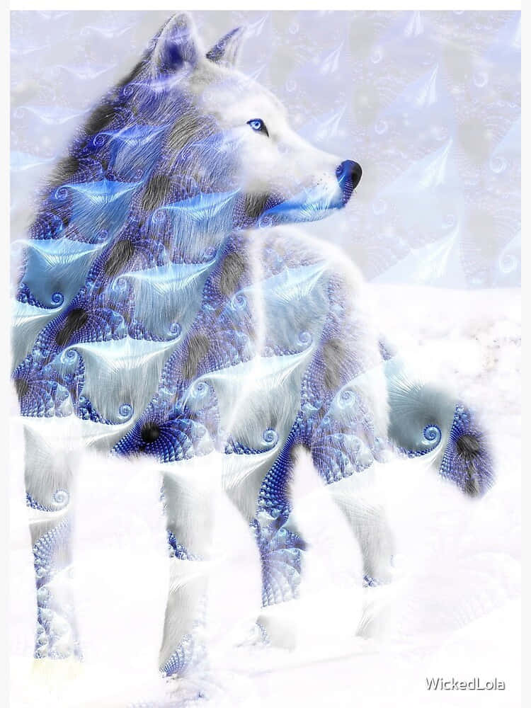 一隻帶有藍色分形圖案的白狼站在雪景中