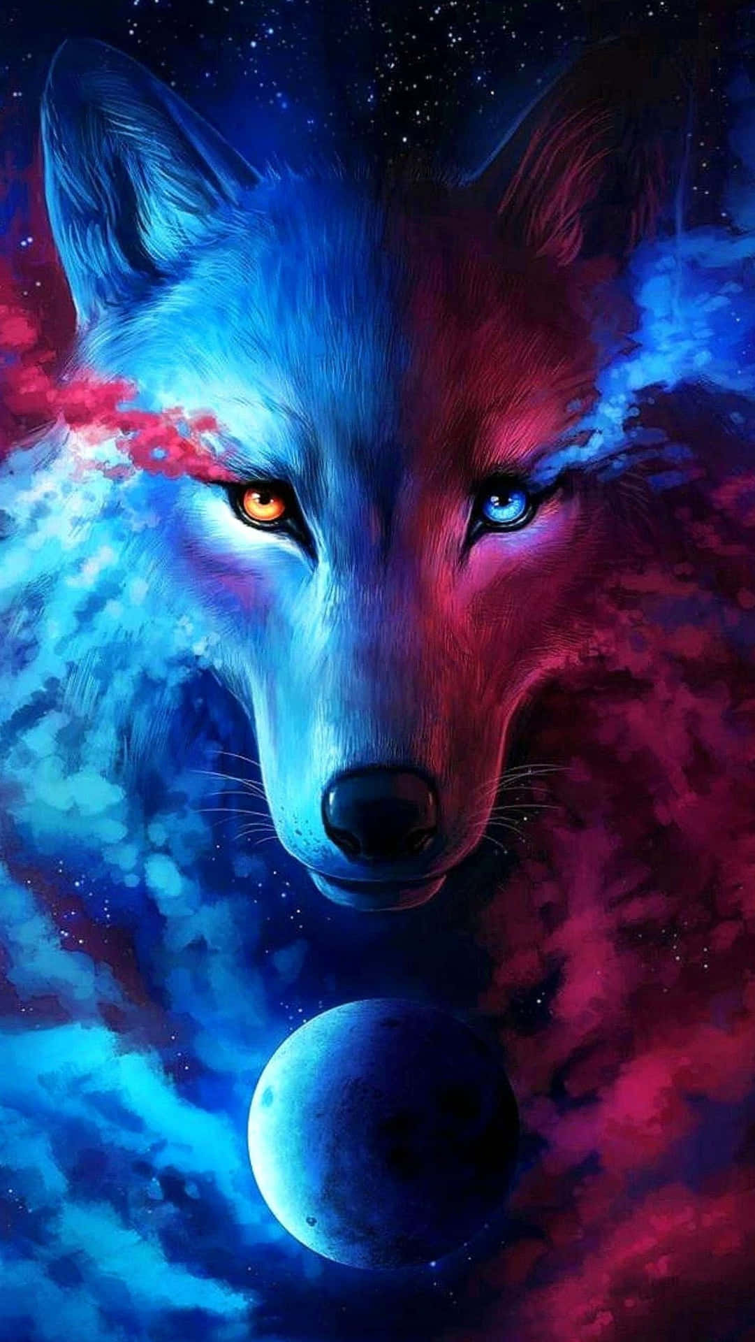 眼睛發光的狼在色彩繽紛的宇宙星雲中，下方有一顆行星。