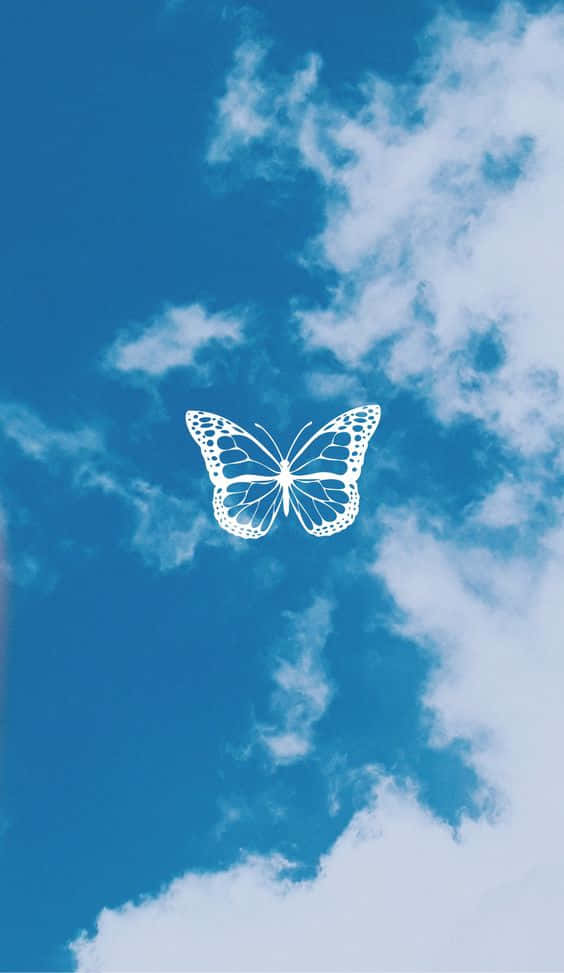 在藍天白雲背景下的一隻白色蝴蝶插圖。
