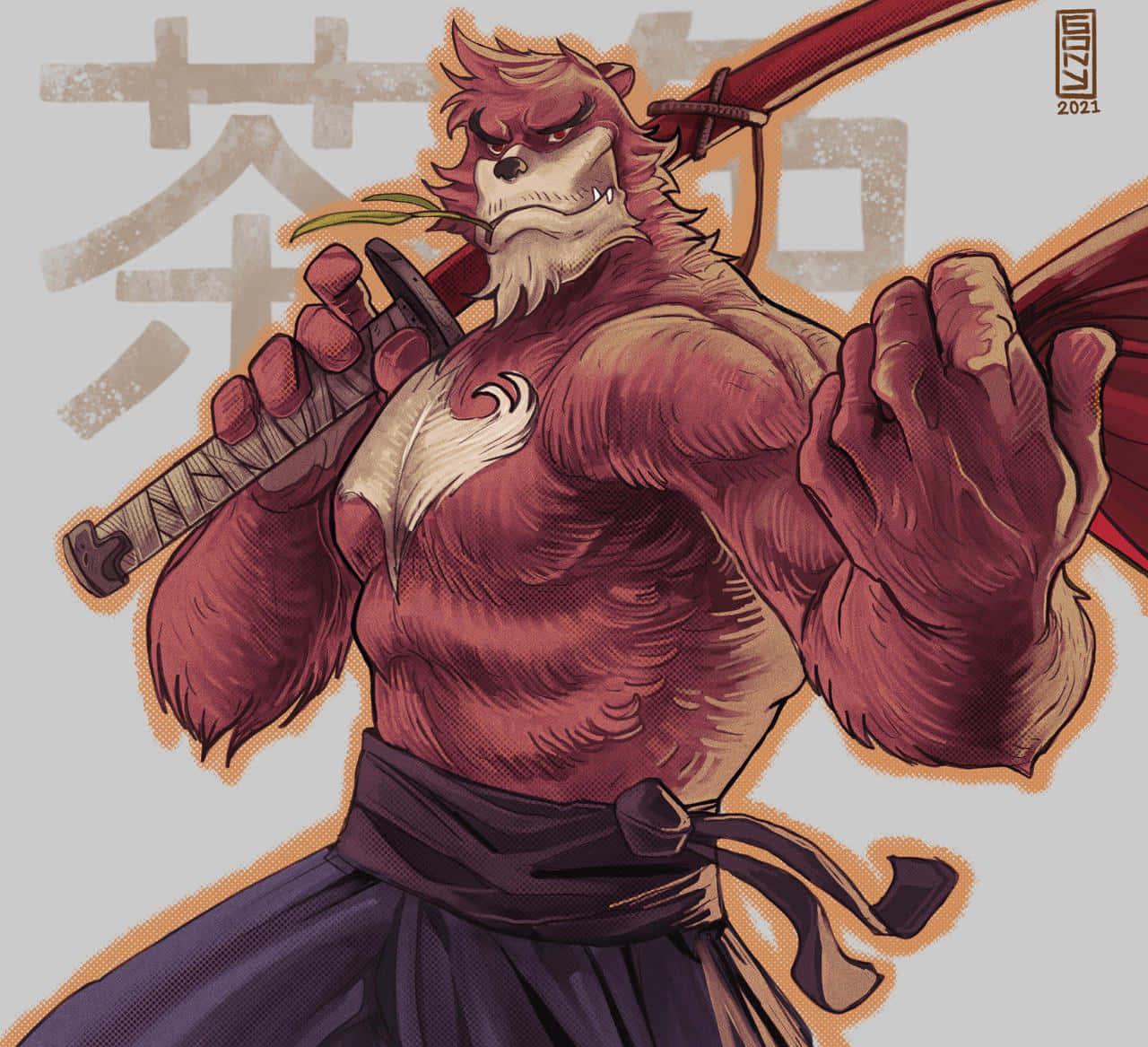 The Boy And The Beast 桌布 壁紙 — 一隻肌肉發達、紅色毛髮的擬人化野獸，表情嚴肅，肩上扛著一把武士刀，背景是褪色的日文字元。