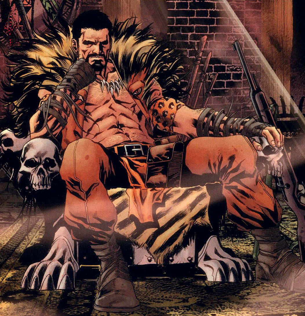 Kraven The Hunter 桌布 壁紙 — 一隻肌肉發達的擬人化黑豹，擁有爪子和毛皮，威嚇地坐在一個由頭骨組成的王座上，位於一個粗糙的磚房內。
