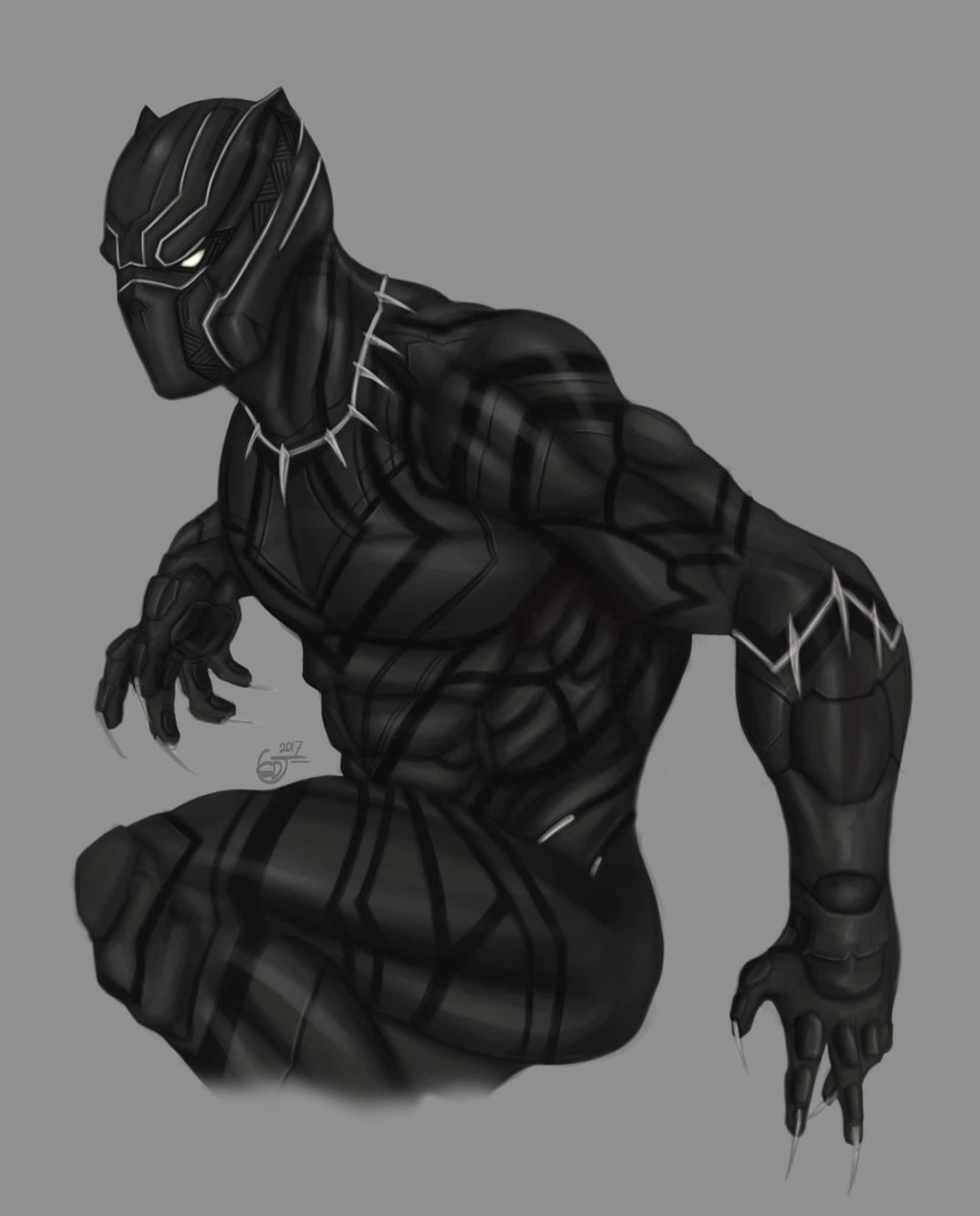 King Of Wakanda 桌布 壁紙 — 一隻肌肉發達的黑豹身穿帶有白色幾何線條的黑色套裝，眼睛發光，利爪伸出，蹲在純灰色背景前。