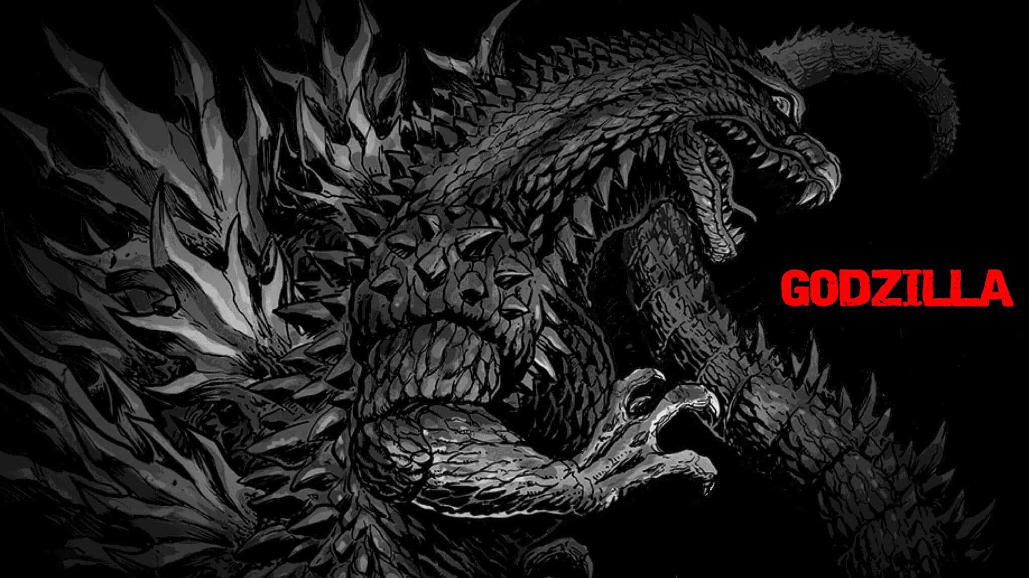 Godzilla Earth 桌布 壁紙 — 一隻背上有刺、張開嘴巴的威脅性哥斯拉在黑色背景上咆哮，並帶有紅色文字。