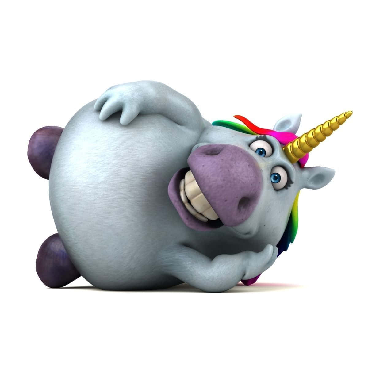 3d Unicorn 桌布 壁紙 — 一隻胖嘟嘟的卡通獨角獸，擁有彩虹鬃毛和金色角，側躺著咧嘴大笑，背景是純白色。