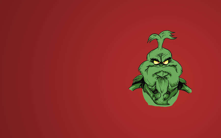 The Grinch 桌布 壁紙 — 一隻脾氣暴躁的綠色鬼靈精，有著黃色眼睛和蓬鬆的頭，在純紅色背景上憤怒地瞪著。