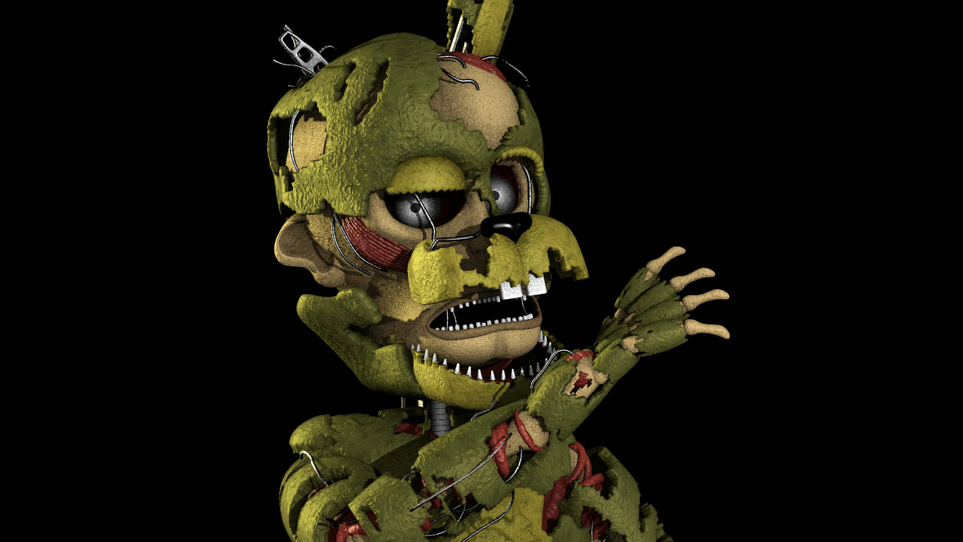Scraptrap 桌布 壁紙 — 一隻腐爛的綠色電子熊，露出電線和牙齒，背景為黑色。