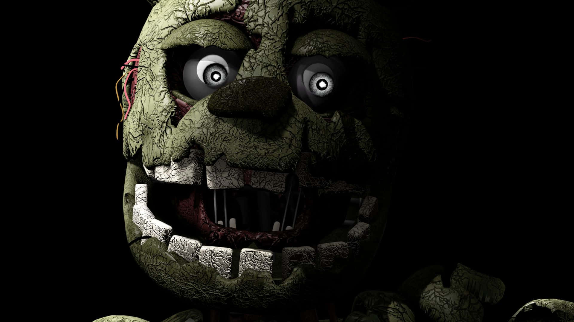 Fnaf Jumpscare 桌布 壁紙 — 一隻腐爛的電子熊，帶有裂開的綠色油漆和發光的白色眼睛，在黑色背景下威脅地凝視著。