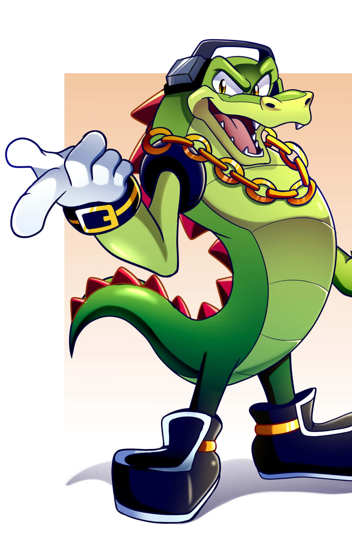 Vector The Crocodile 桌布 壁紙 — 一隻自信嘅綠色卡通鱷魚，身穿嘻哈服裝，戴住金鏈同耳機，向前指。