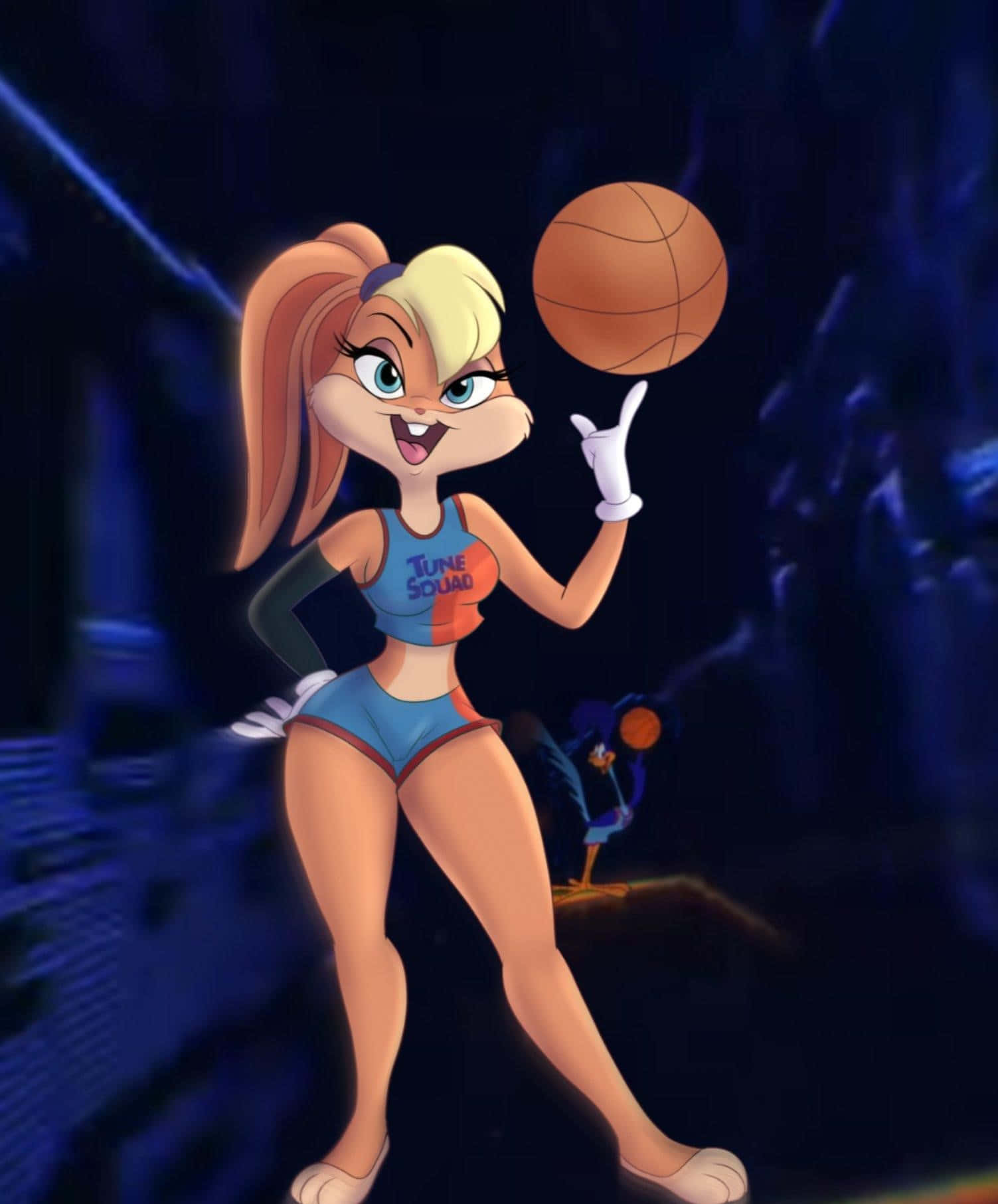 Space Jam A New Legacy 桌布 壁紙 — 一隻自信滿滿的動畫兔子，身穿藍橙色 'Tune Squad' 球衣，在深藍色模糊背景前用指尖平衡籃球。