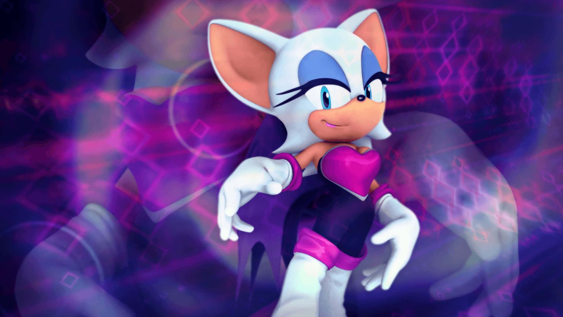 Rouge The Bat 桌布 壁紙 — 一隻自信的白色擬人狐狸，擁有藍色眼睛和粉紅色點綴，在發光的紫色數碼背景前擺姿勢。