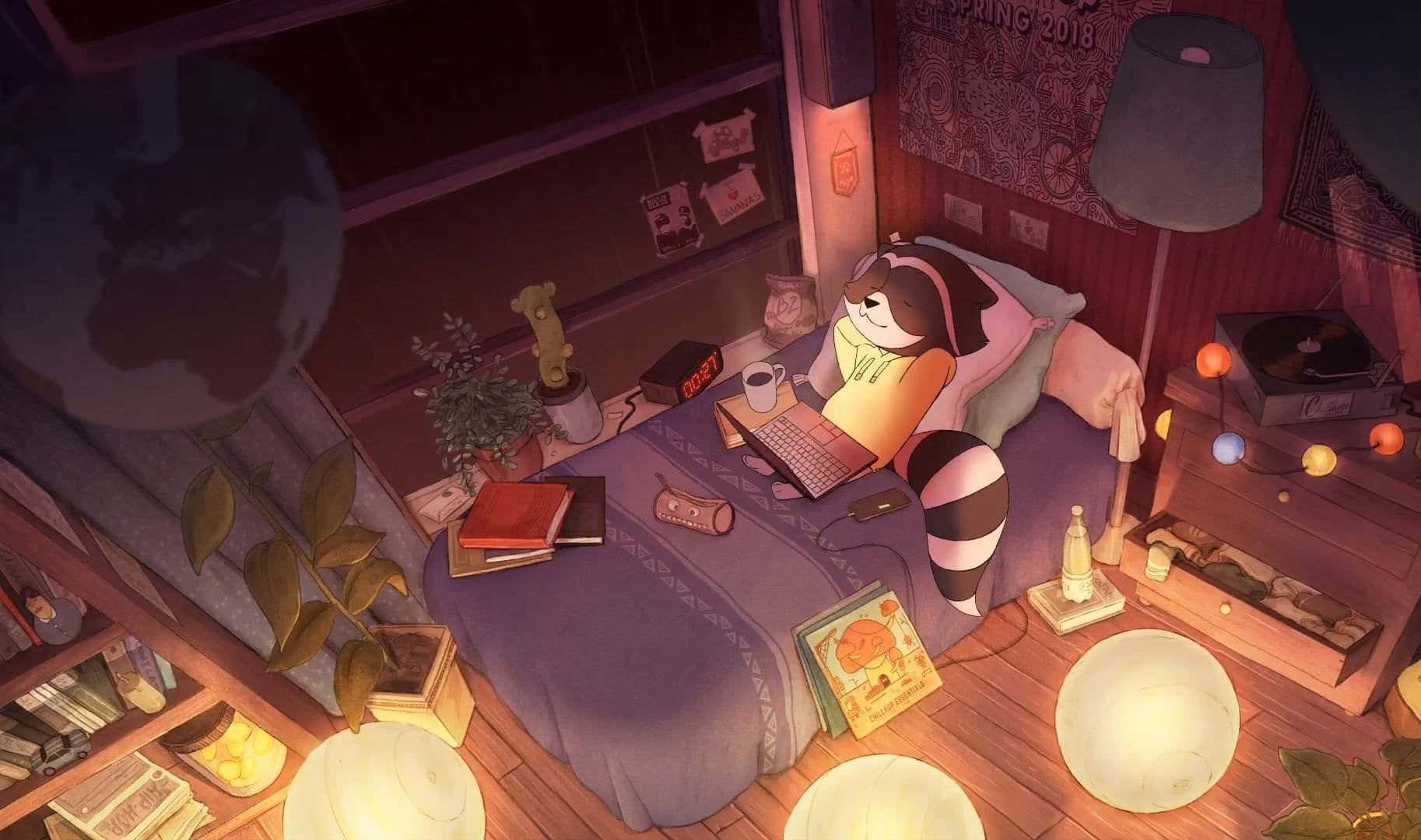 Lo Fi Aesthetic 桌布 壁紙 — 一隻舒適的動漫風格浣熊在一個溫暖照明的臥室裡休息，周圍環繞著書籍、發光的燈和一個地球儀。