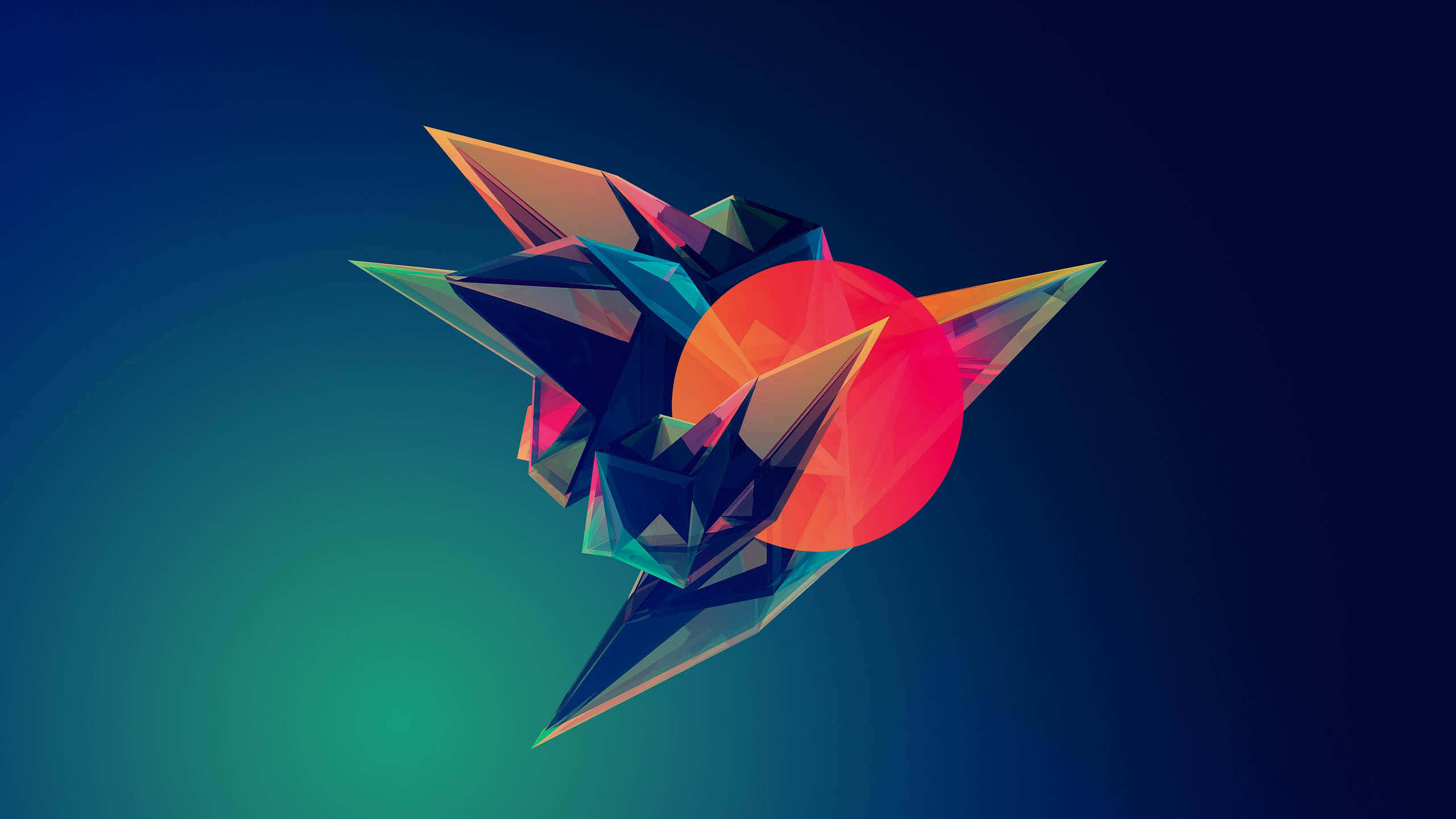 Digital Art 桌布 壁紙 — 一隻色彩繽紛的幾何摺紙鶴，帶有多色切面，漂浮在藍色和藍綠色的漸變背景上。
