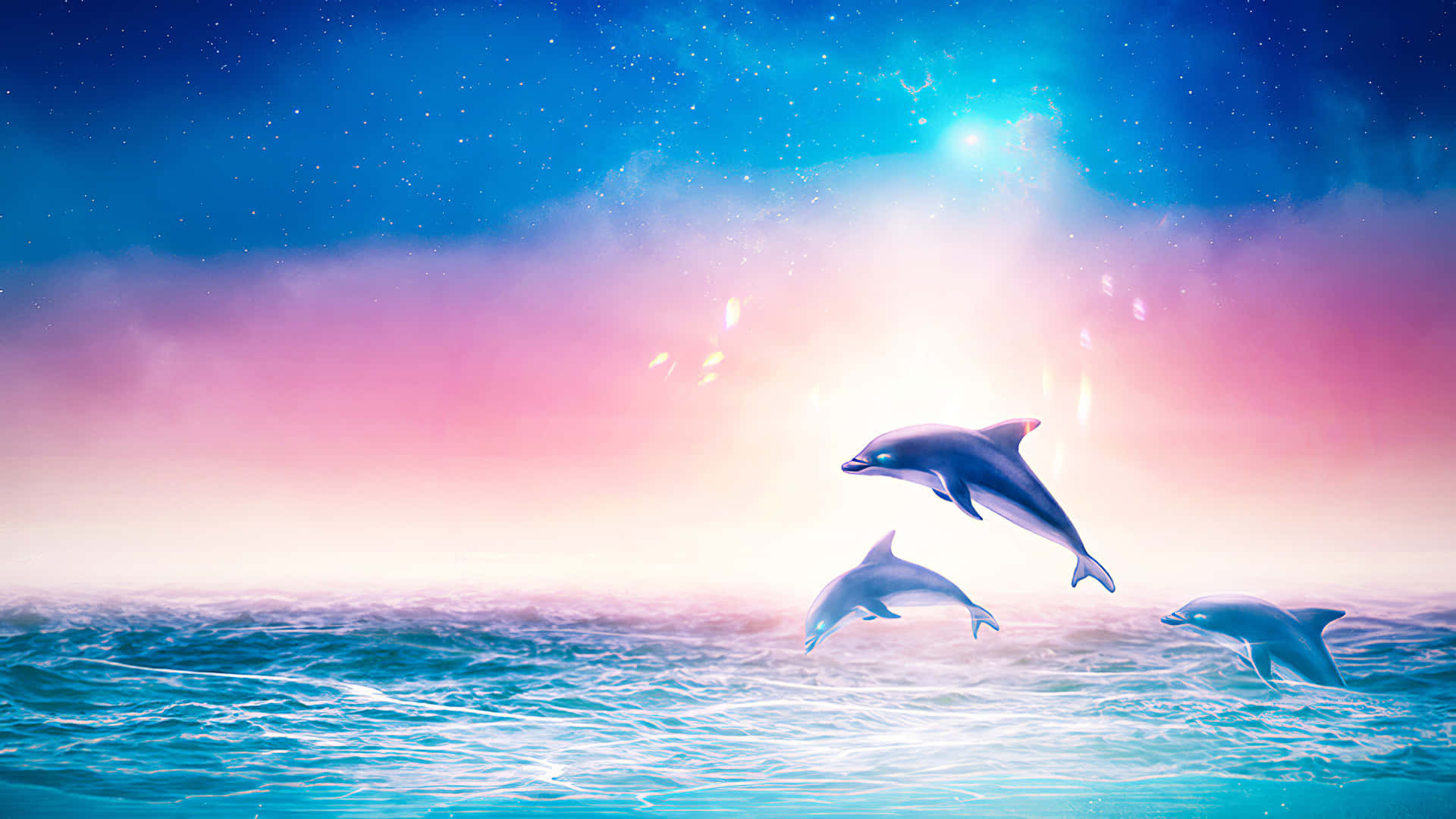 三隻海豚在星空粉藍色天空下從發光海洋躍起。 — 邁阿密海豚 GIF 壁紙