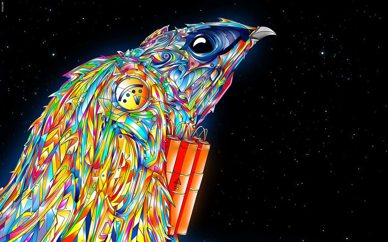 Trippy Animals 桌布 壁紙 — 一隻色彩鮮豔、圖案精緻的鳥，嘴裡叼著炸彈，站在繁星點點的夜空下。