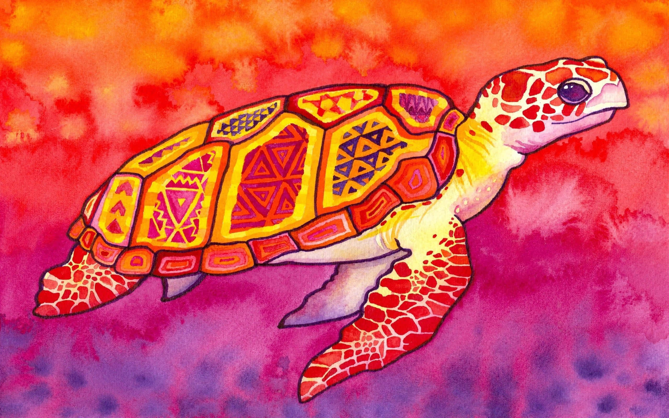 Turtle 桌布 壁紙 — 一隻色彩鮮豔、帶有幾何圖案的海龜在紅、橙、紫的火焰漸變水中游動。