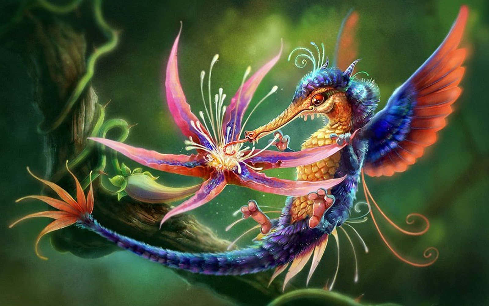 Beautiful Animal 桌布 壁紙 — 一隻色彩鮮豔的奇幻龍，擁有藍色和橙色的翅膀，在茂密的綠色森林中輕輕地用鼻子蹭著一朵巨大的粉紅色花朵。