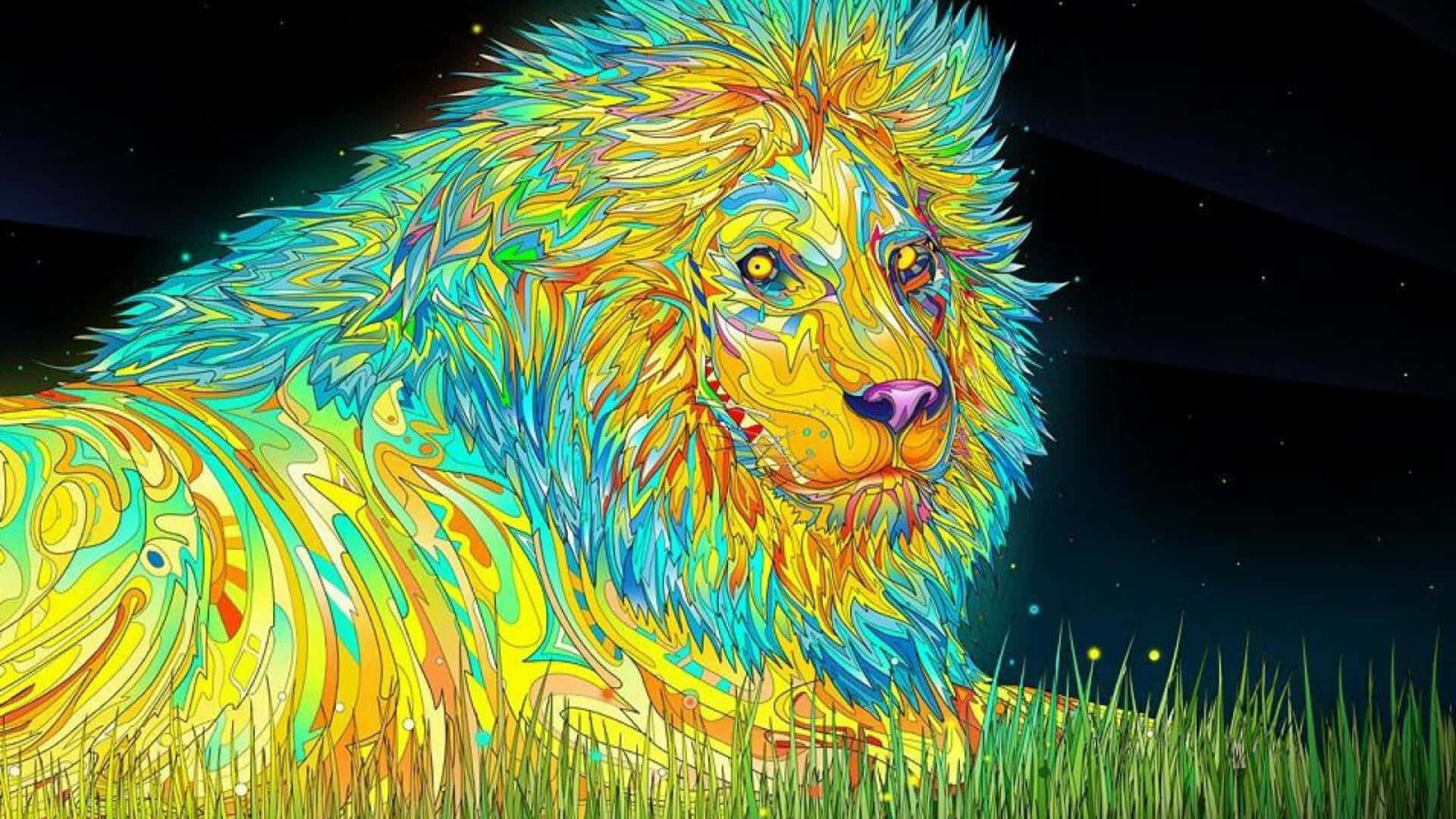 Trippy 3d Art 桌布 壁紙 — 一隻色彩鮮豔的獅子，帶有旋轉的黃色、藍色和綠色圖案，在星空下的草地上休息。