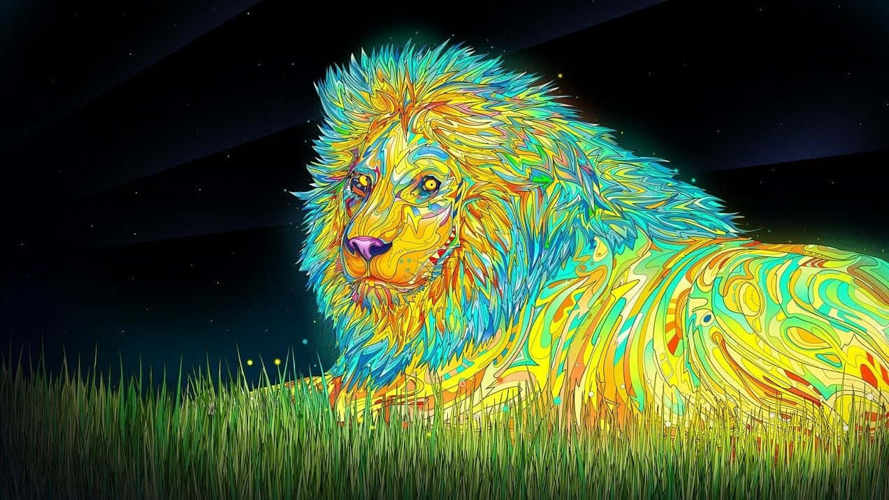 Trippy Animals 桌布 壁紙 — 一隻色彩鮮豔的獅子，擁有電光藍色和黃色的毛髮，在星空下的草地上休息。