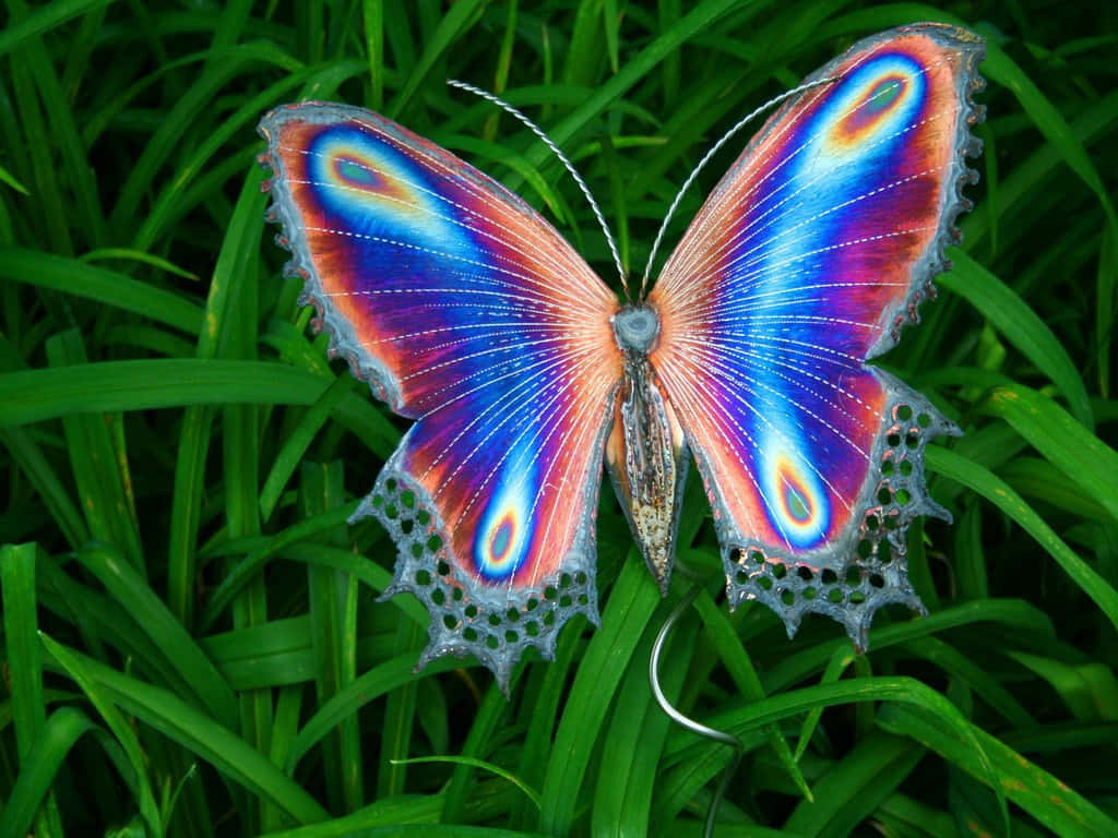 Emerging Butterfly 桌布 壁紙 — 一隻色彩鮮豔的蝴蝶，帶有虹彩藍、紅和橙色翅膀，停歇在茂密的綠色草葉上。