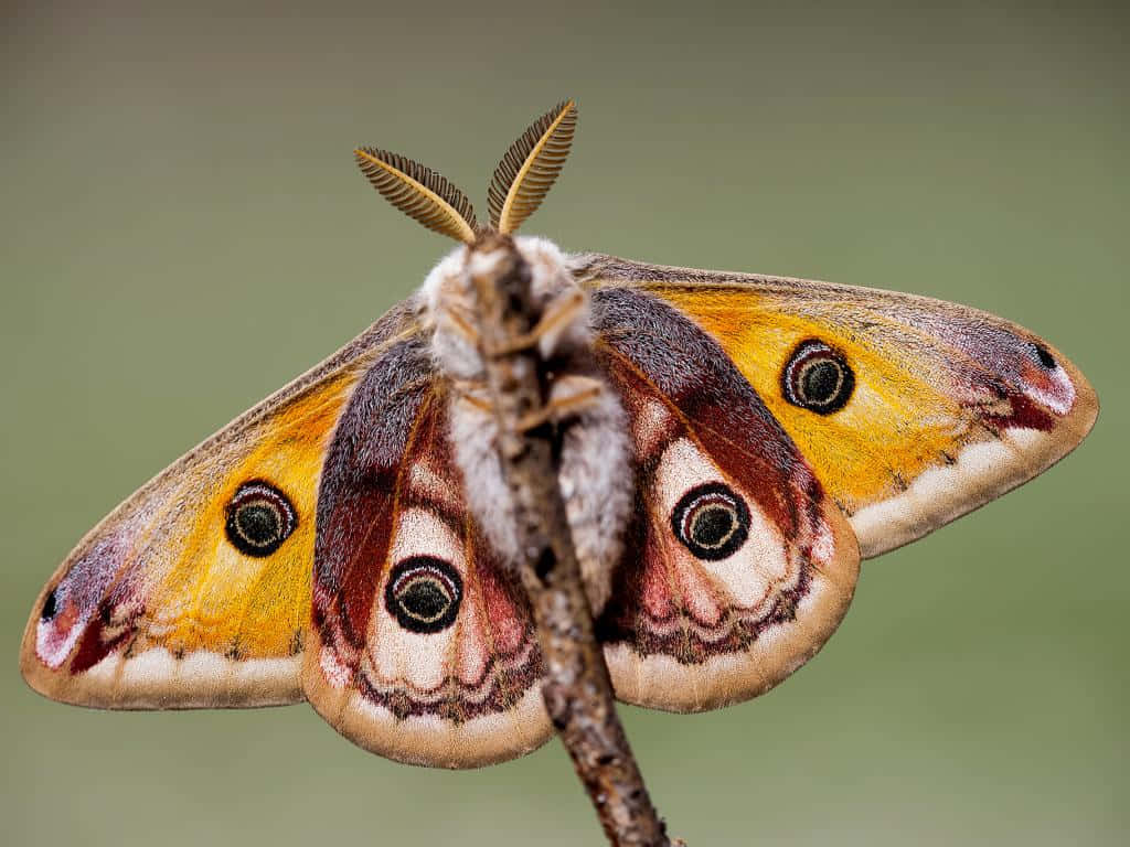 moth 桌布 壁紙 — 一隻色彩鮮豔的貓頭鷹蛾近距離特寫，棲息在樹枝上，帶有精細的眼斑和柔軟毛茸茸的身體。