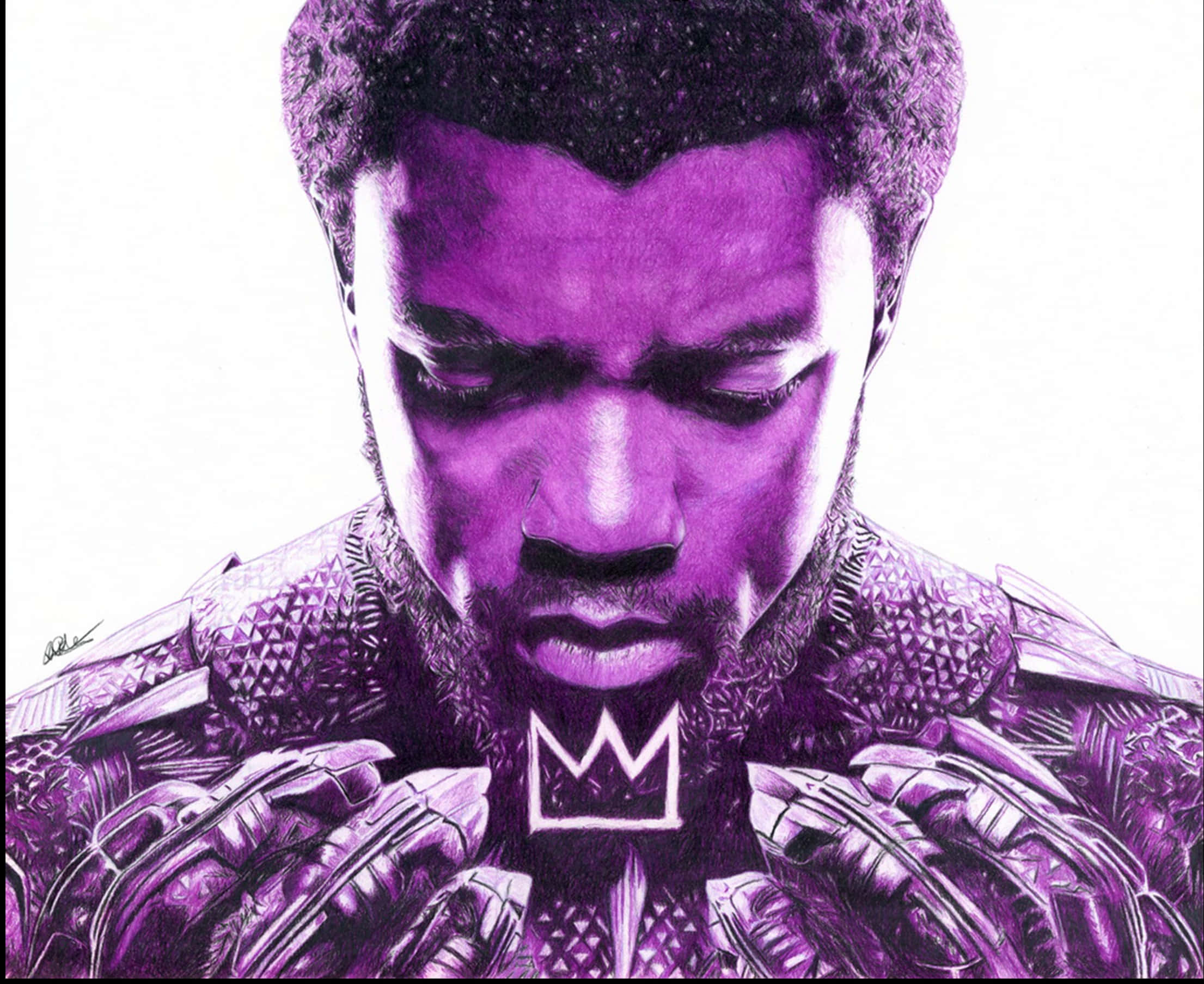 King Of Wakanda 桌布 壁紙 — 一隻莊嚴的黑豹穿著紫色盔甲，胸前閃耀著皇冠標誌，在純白背景前低頭凝視。