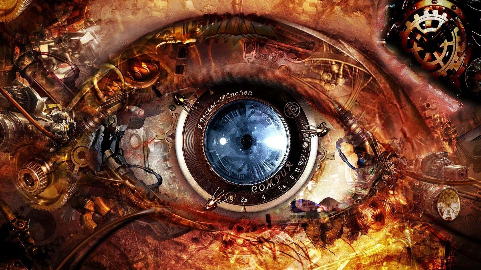 Dark Steampunk 桌布 壁紙 — 一隻蒸氣龐克風格的眼睛，周圍有黃銅齒輪和管道，環繞著發出藍光的相機鏡頭虹膜。