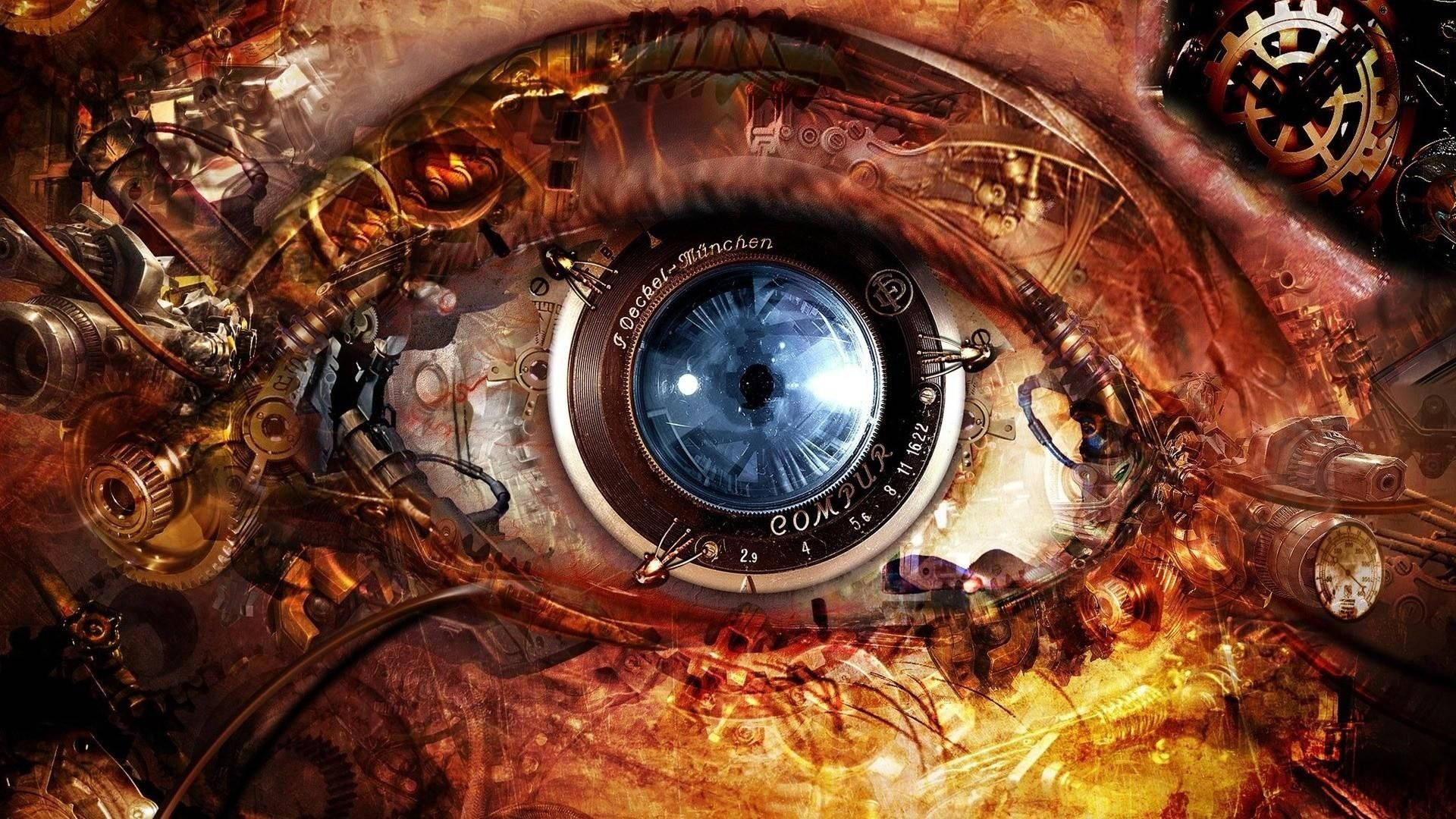 Eye 桌布 壁紙 — 一隻蒸氣龐克風格的眼睛，帶有相機鏡頭虹膜，周圍環繞著黃銅齒輪和機械零件，呈現溫暖發光的色調。