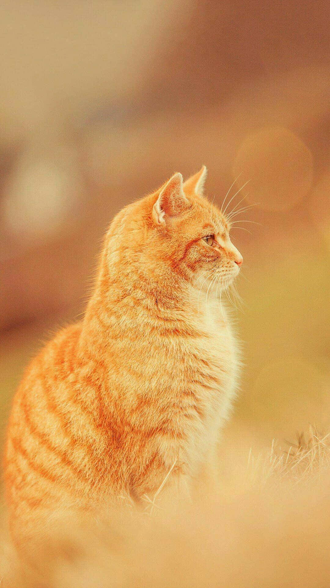 Tabby Cat 桌布 壁紙 — 一隻薑黃色虎斑貓坐在柔軟的金色草地上，在溫暖的陽光下若有所思地凝視遠方。