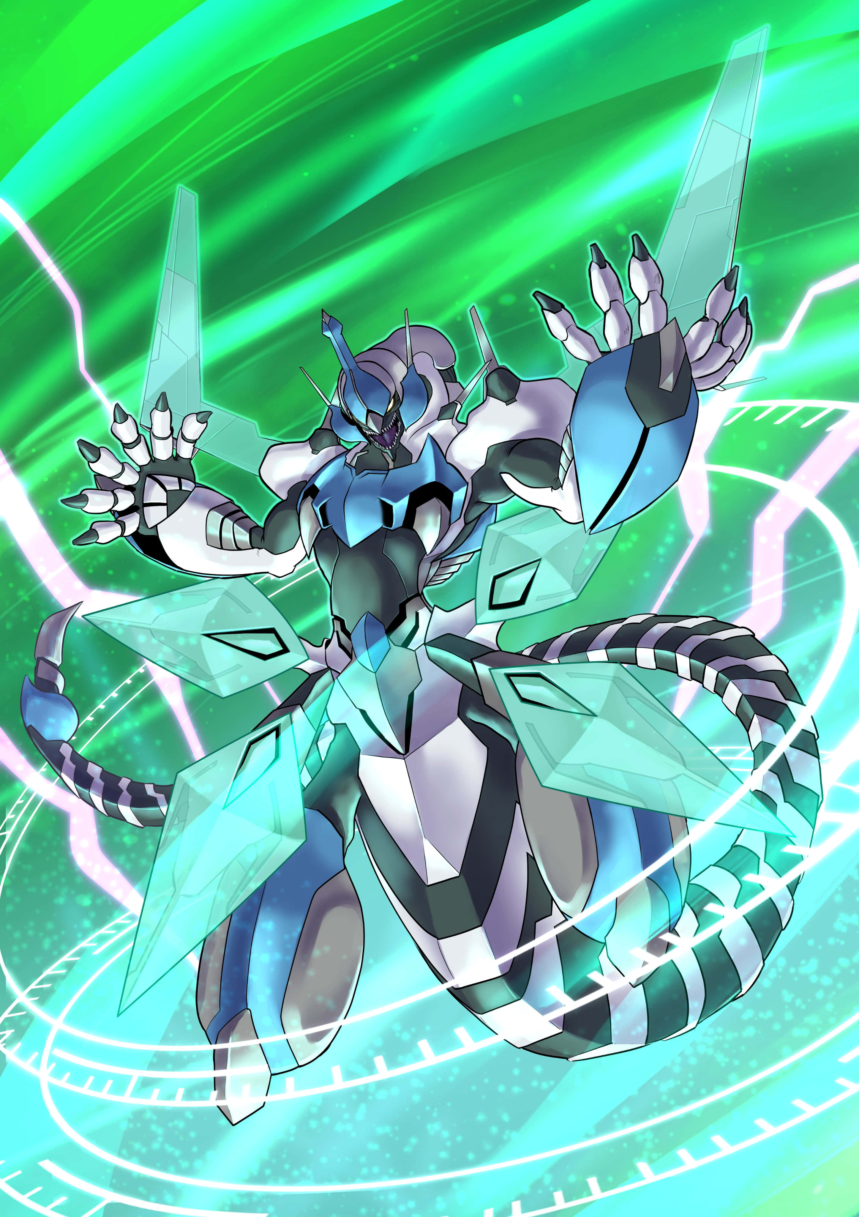 Yugioh Dragons 桌布 壁紙 — 一隻藍白相間、裝甲龍形生物，擁有水晶翅膀和利爪，在旋轉的綠色能量背景前擺出動態姿勢。