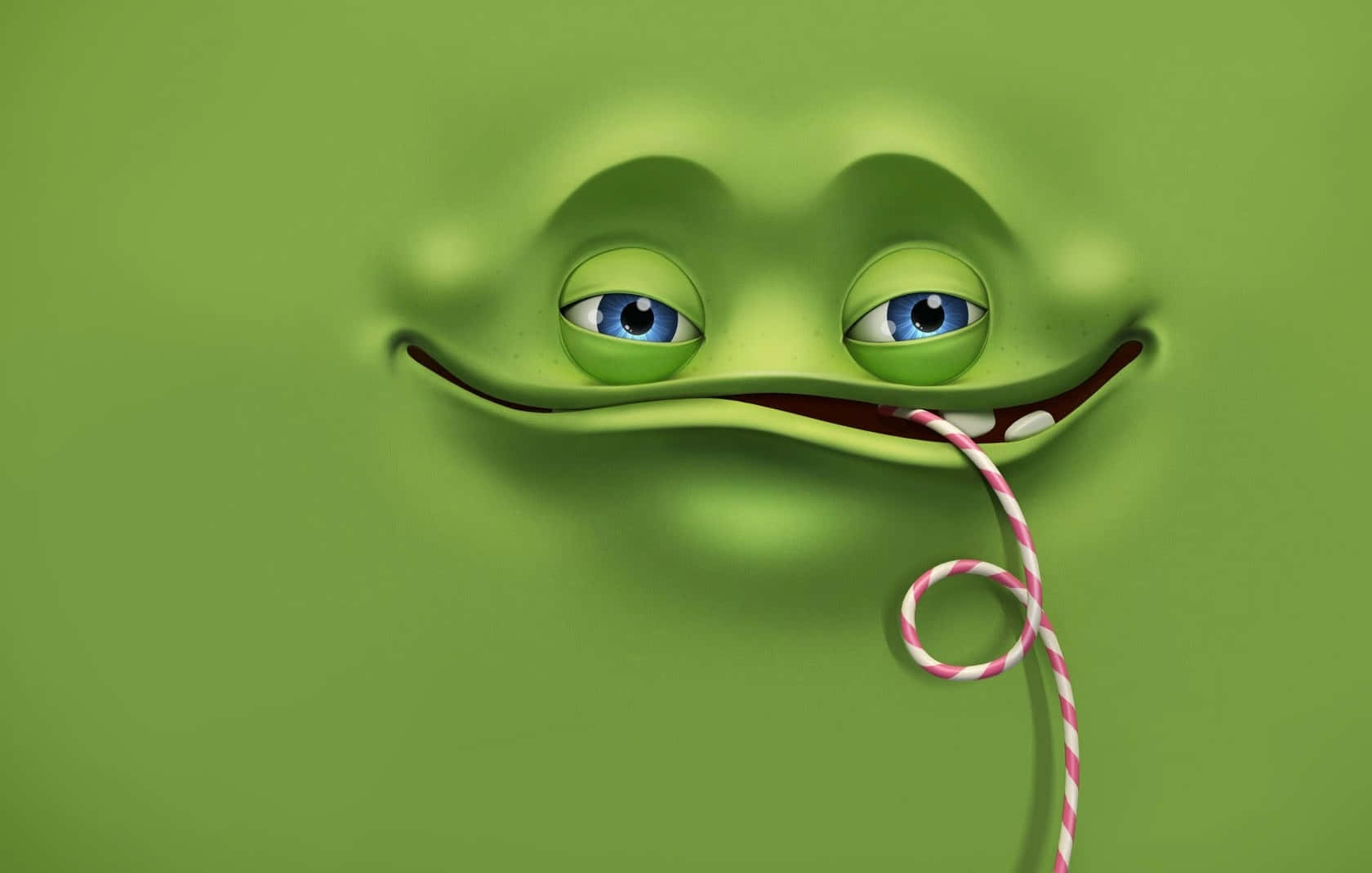 Funny Faces 桌布 壁紙 — 一隻藍眼睛的綠色卡通青蛙，微笑著拿著粉白條紋吸管。