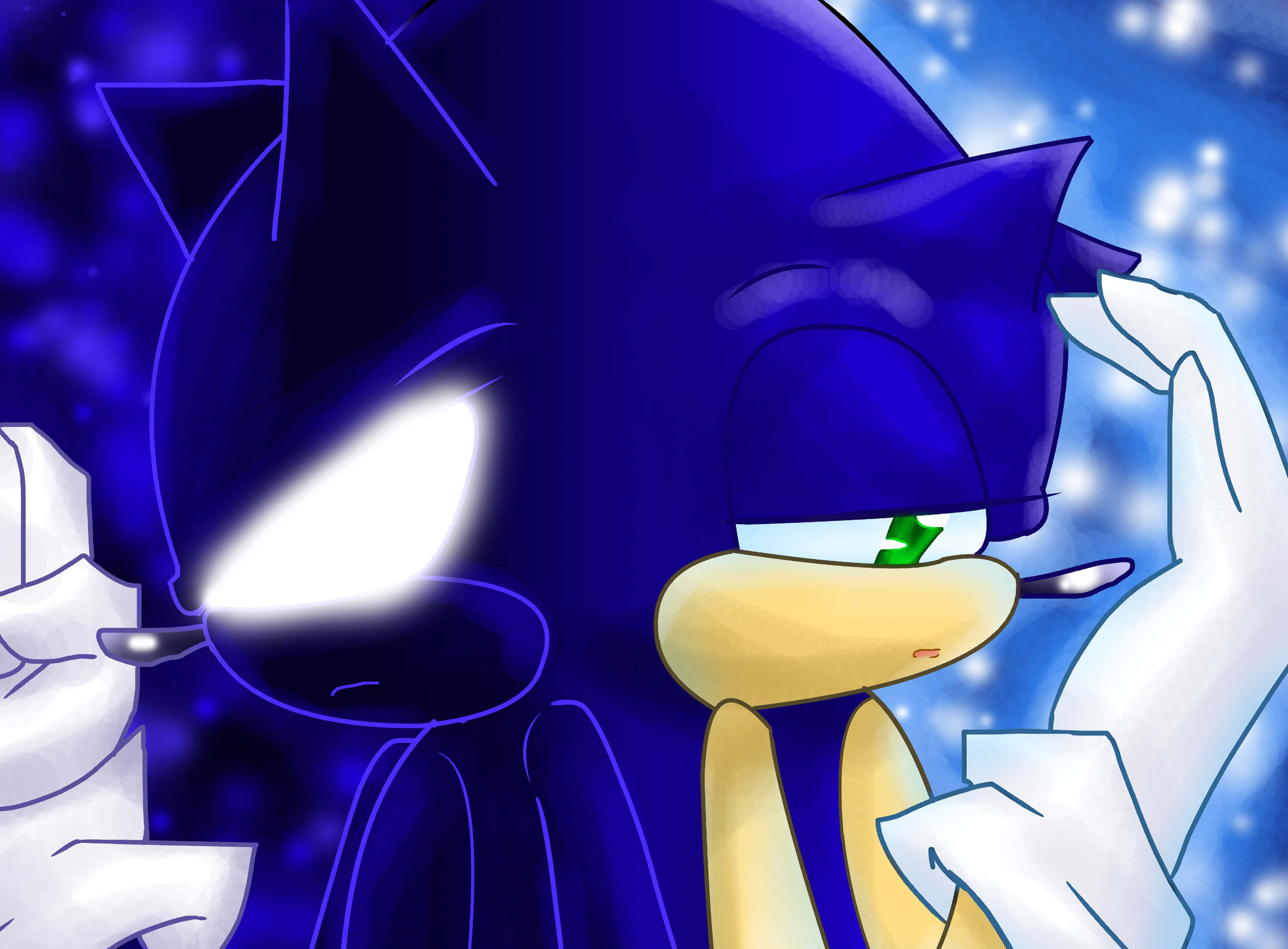 Sonic X 桌布 壁紙 — 一隻藍色刺蝟，綠色眼睛，悲傷地低頭看著，身後一個發光的白色剪影聳立，背景是星光閃爍的藍色。