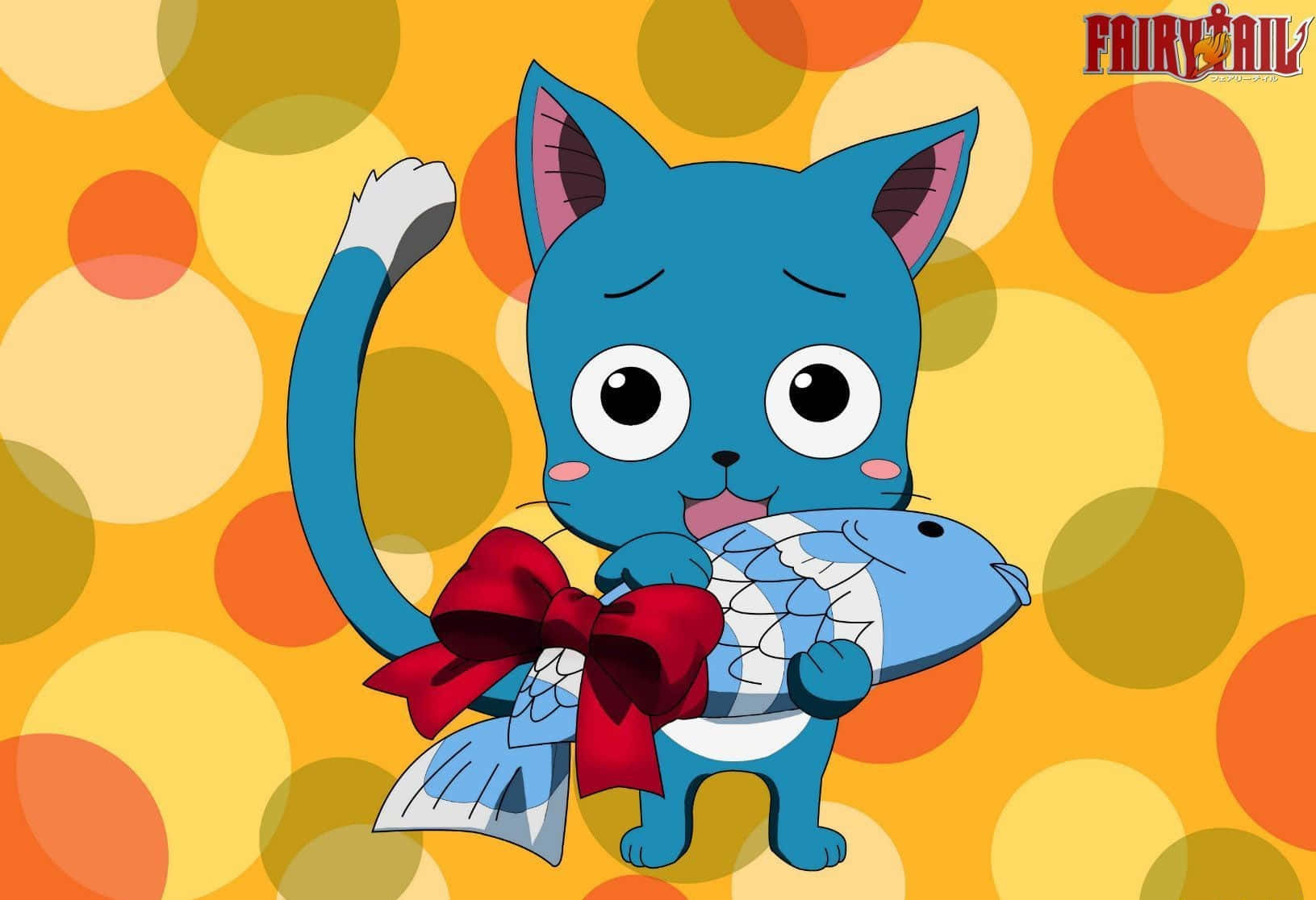 Fairy Tail Happy 桌布 壁紙 — 一隻藍色動漫貓咪繫著紅色蝴蝶結，在鮮豔的黃橙色圓點背景前拿著一條魚。