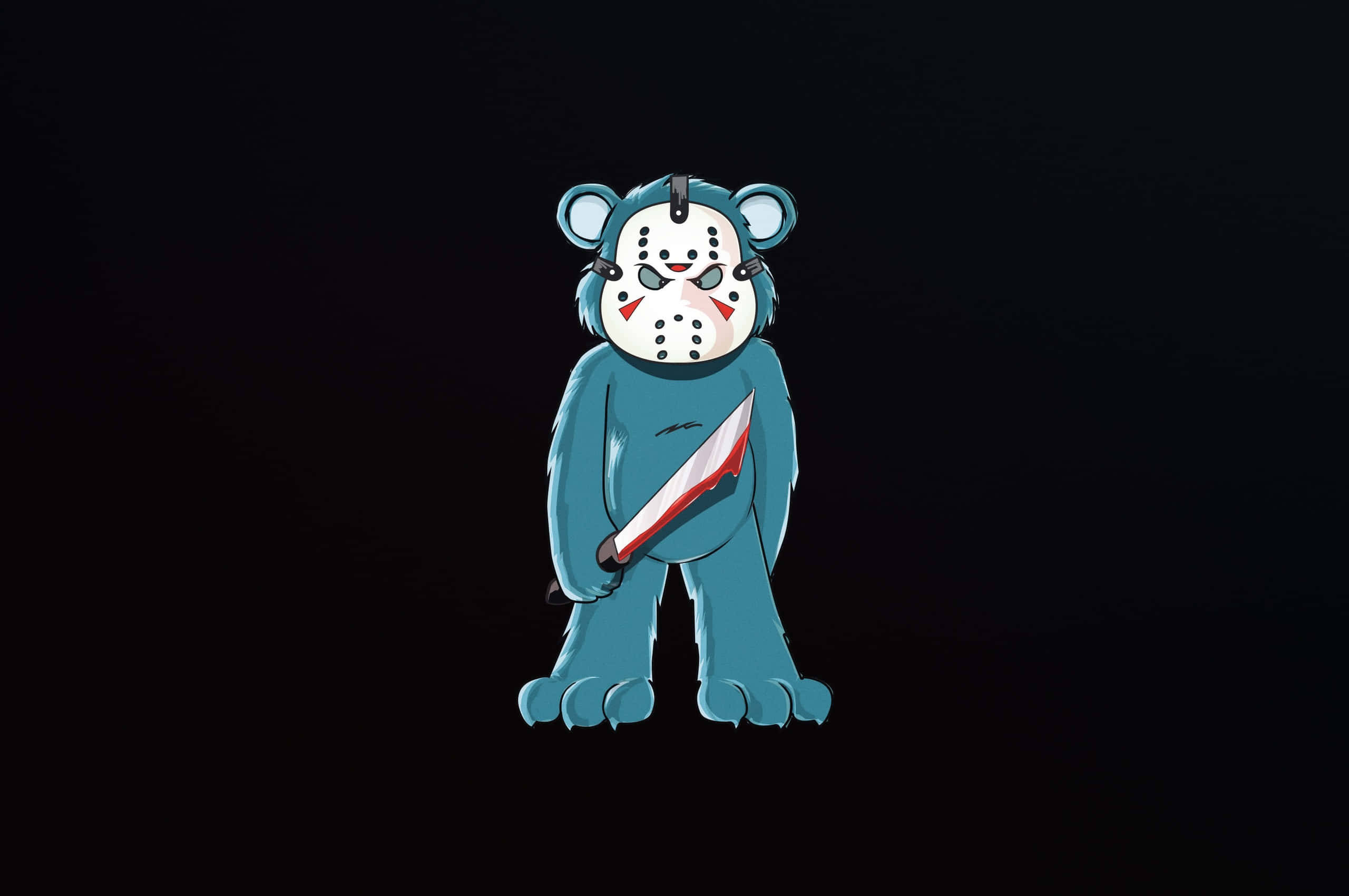 Cartoon Horror 桌布 壁紙 — 一隻藍色卡通熊戴著曲棍球面具，手持一把沾血的刀，背景為黑色。