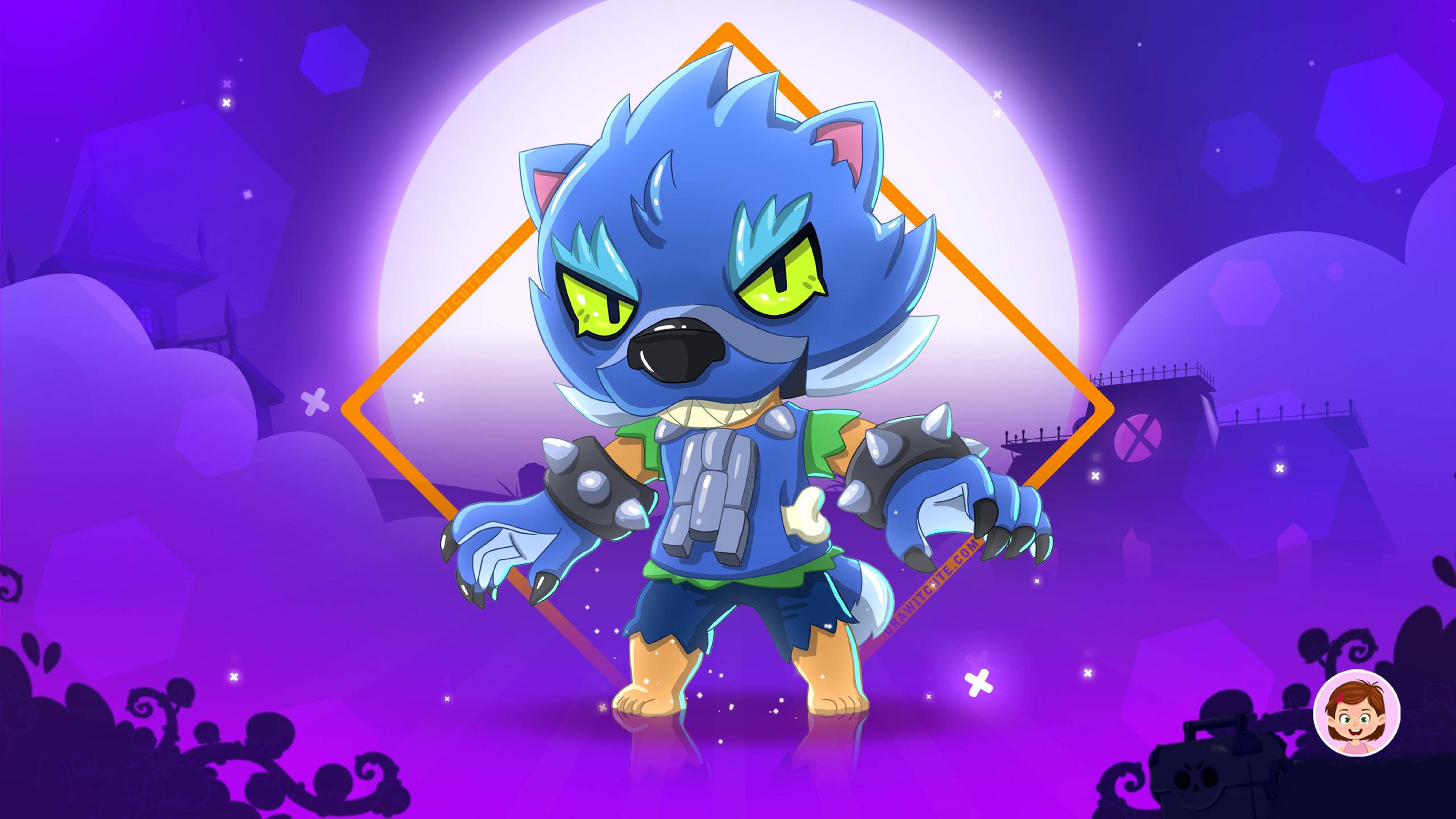 Brawl Stars 桌布 壁紙 — 一隻藍色卡通狼，眼睛發出綠色光芒，自信地站在滿月下的紫色鬧鬼風景中。