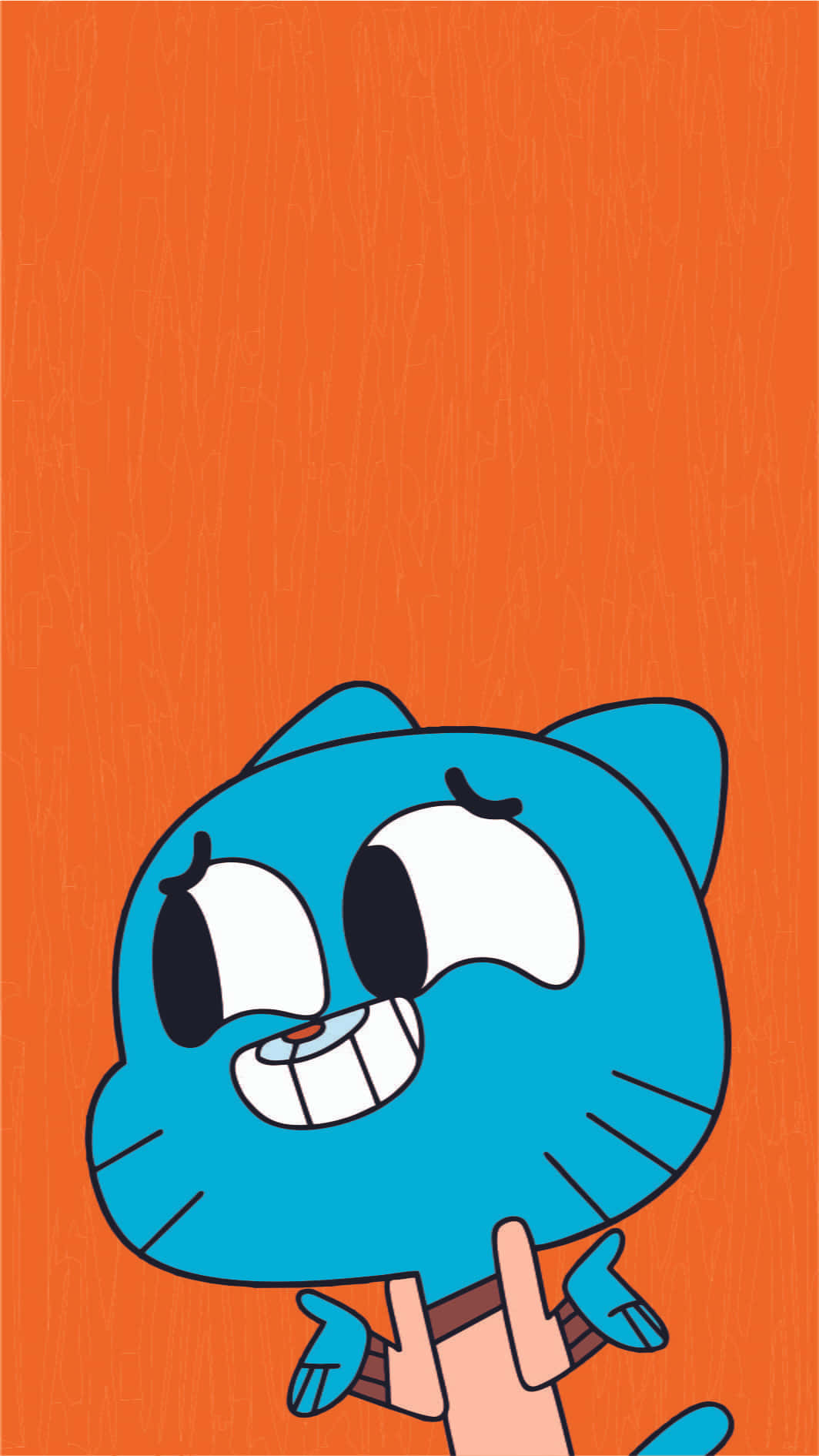 the amazing world of gumball 桌布 壁紙 — 一隻藍色卡通貓咪，睜大眼睛咧嘴笑，從橙色紋理背景下方探出頭來。